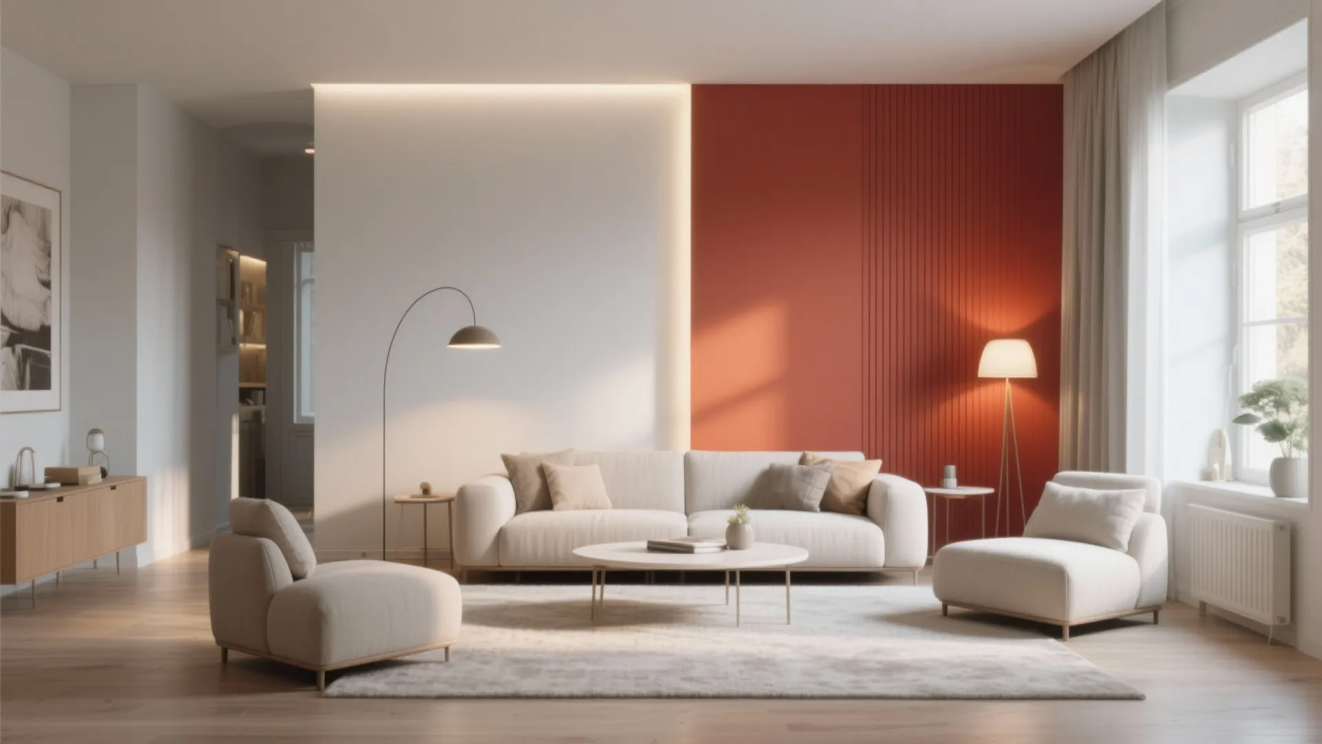 Minimalist living room with white sofa and red wall panel lit by warm floor lamps