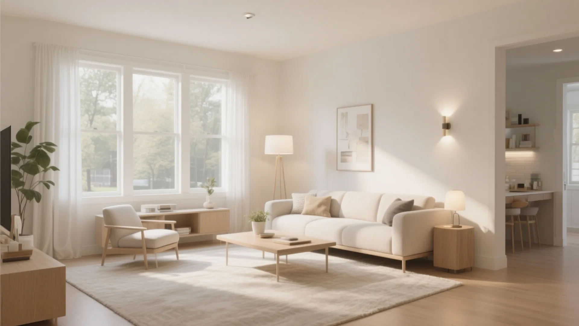 Warm living room interior design drawing with cream sofa wooden furniture wall light and large window