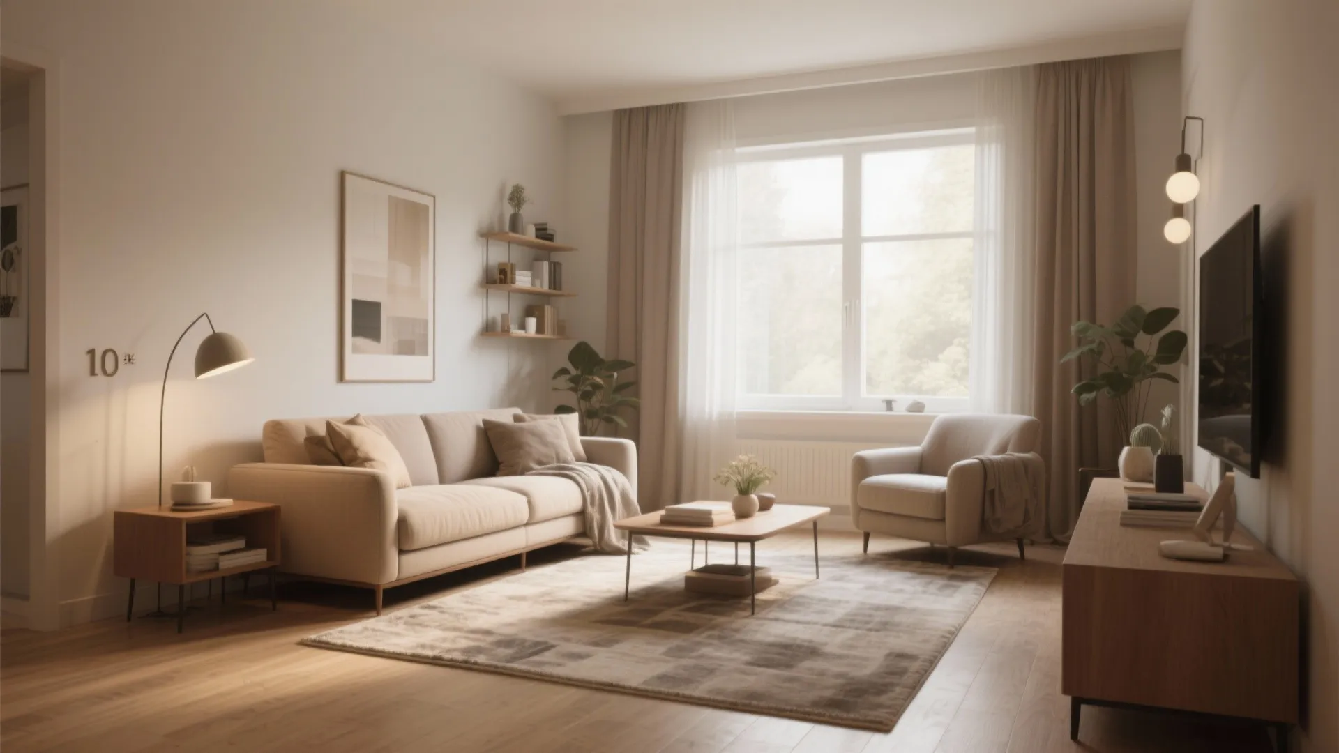 Modern cozy living room with cream sofa coffee table armchair rug and large window natural light