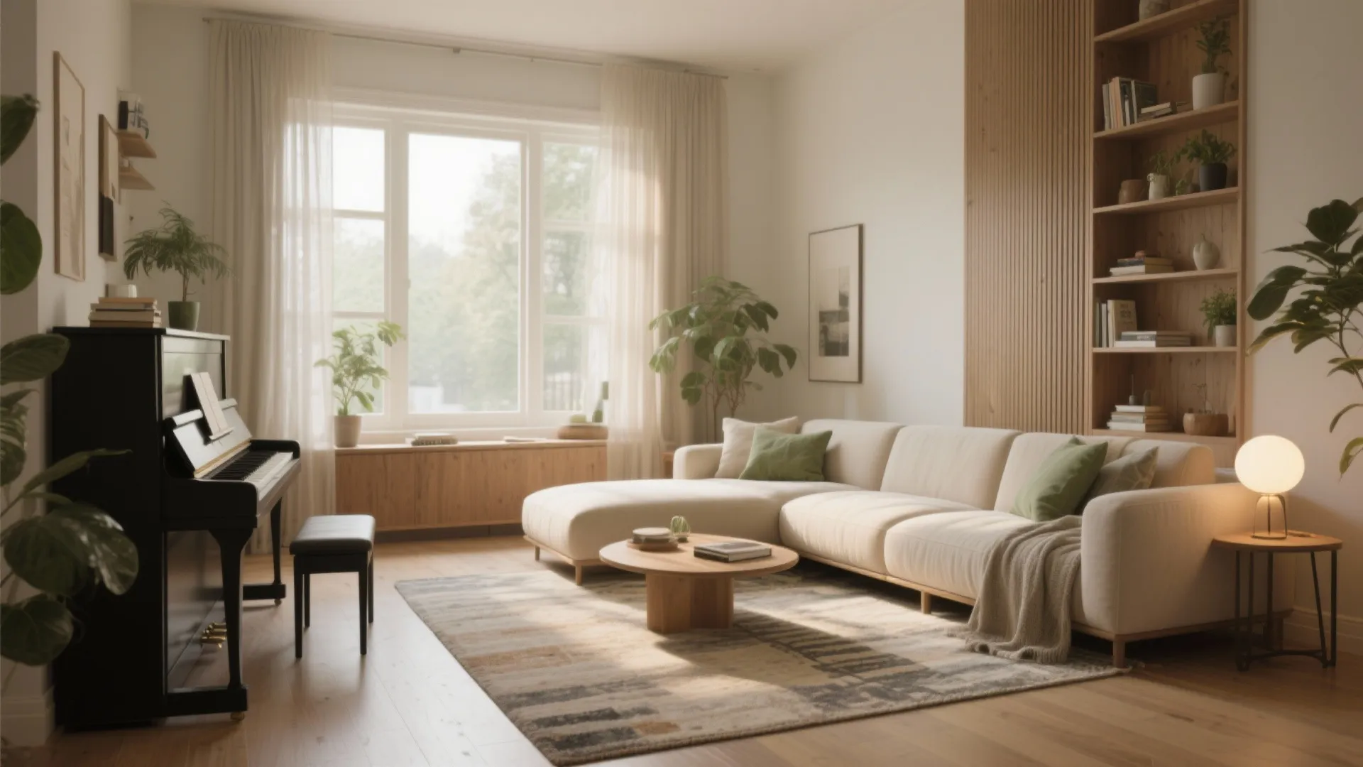 Bright living room with cream sofa round wooden coffee table black piano and wooden bookshelf