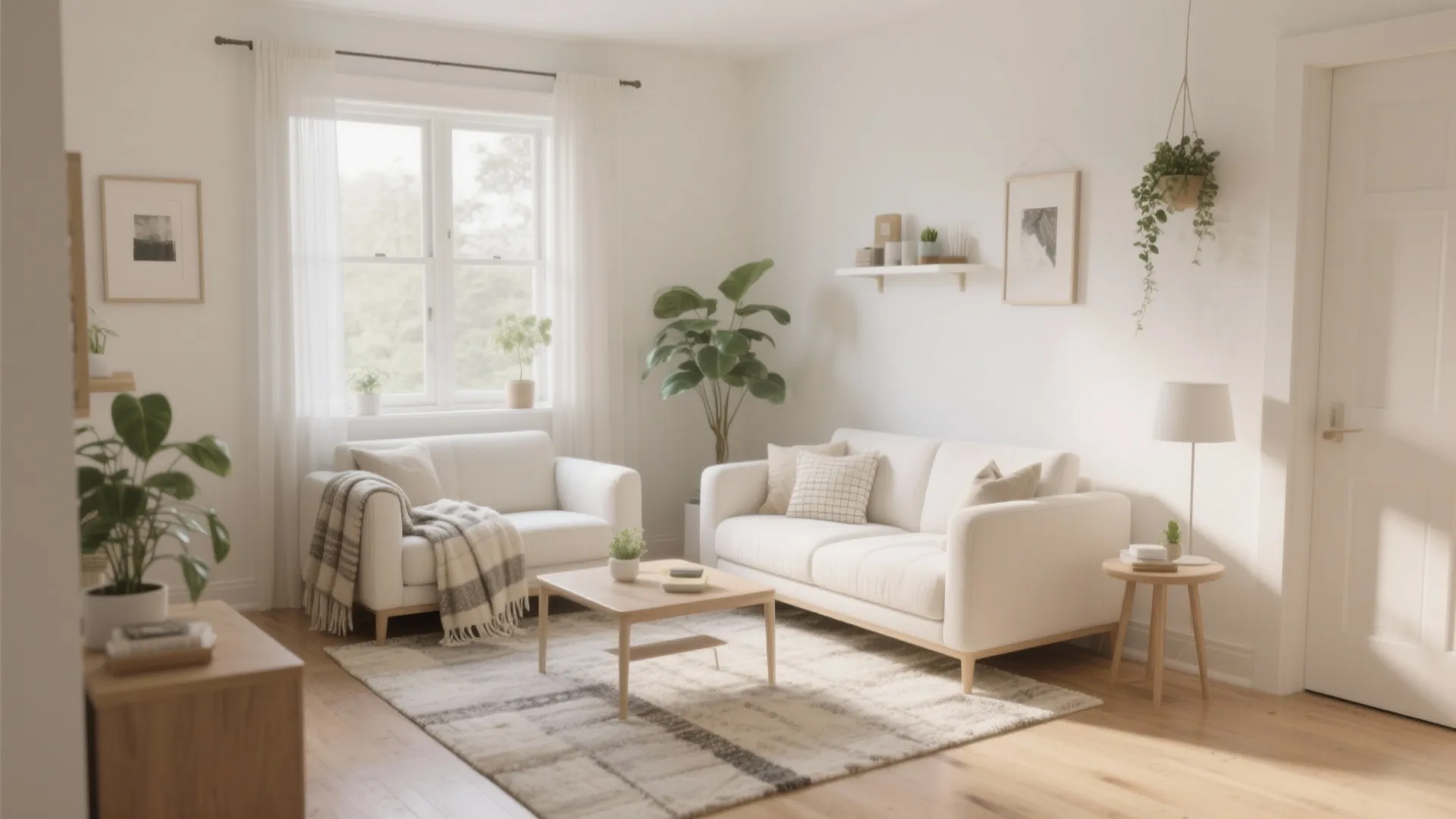 Minimalist living room with two white sofas around a small coffee table and green plants