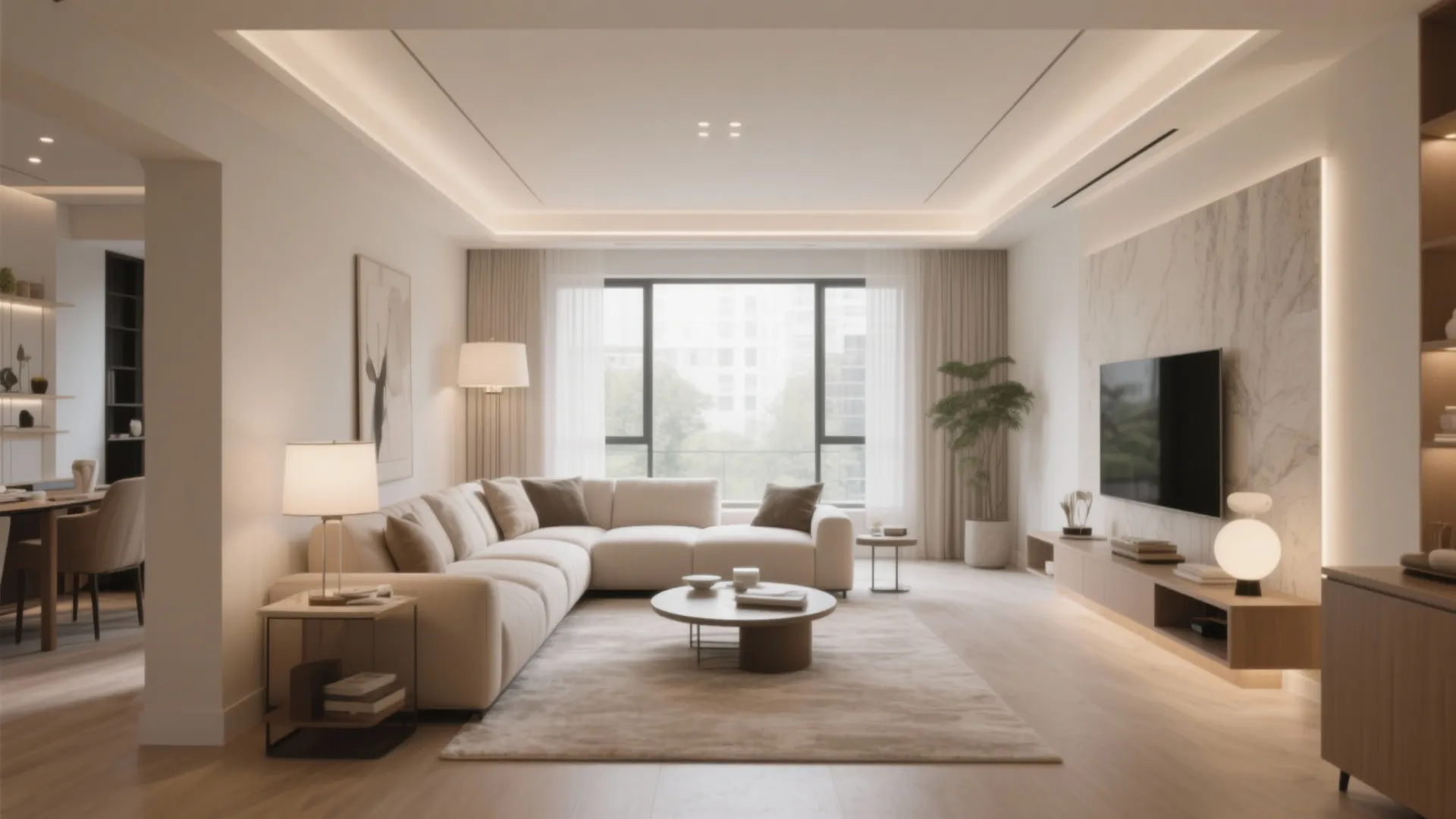 Modern spacious living room with large sectional sofa television marble wall panel and soft ceiling lighting