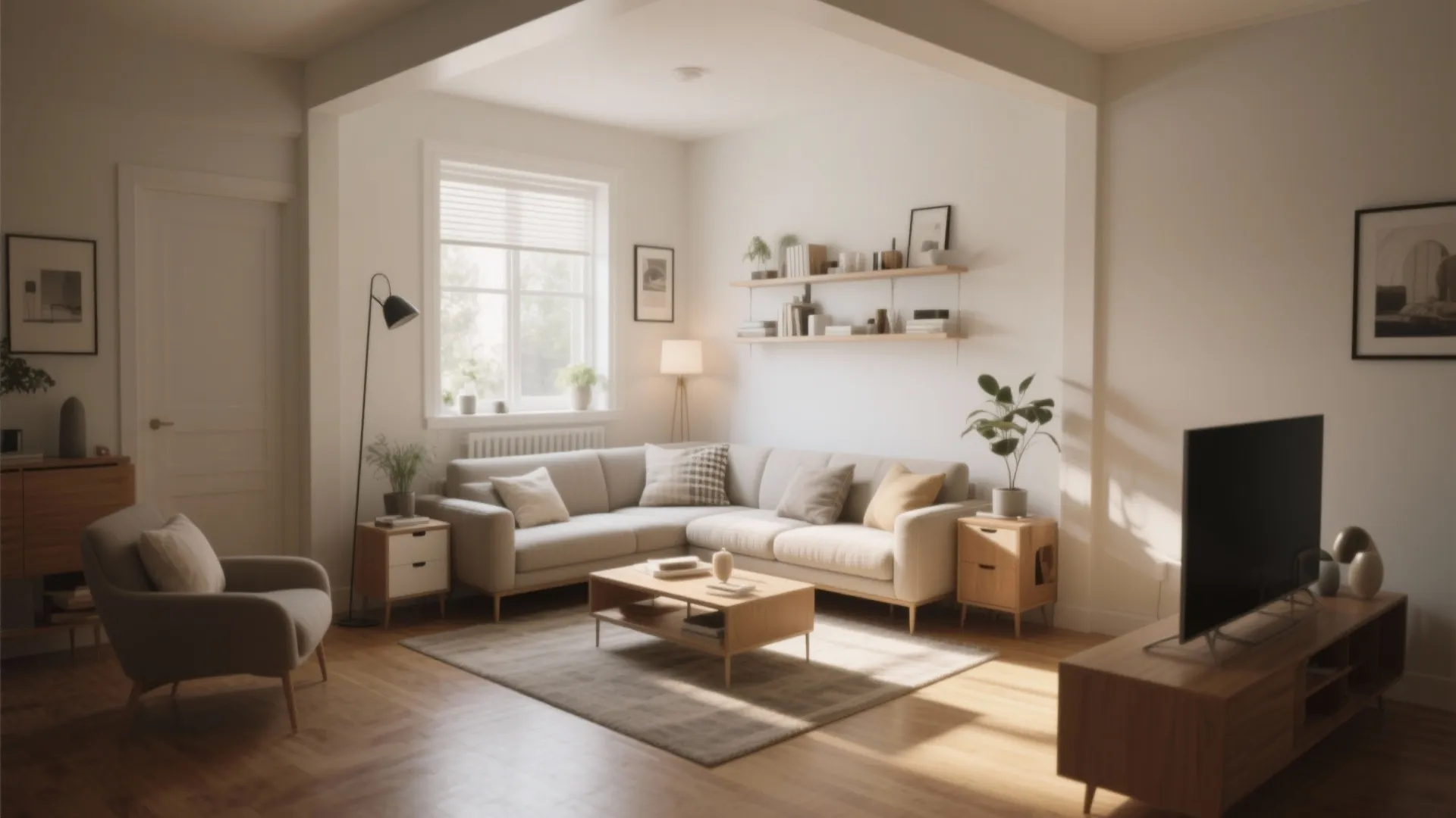 Cozy living room with corner sofa, wooden furniture, television, wall shelves, and large white window