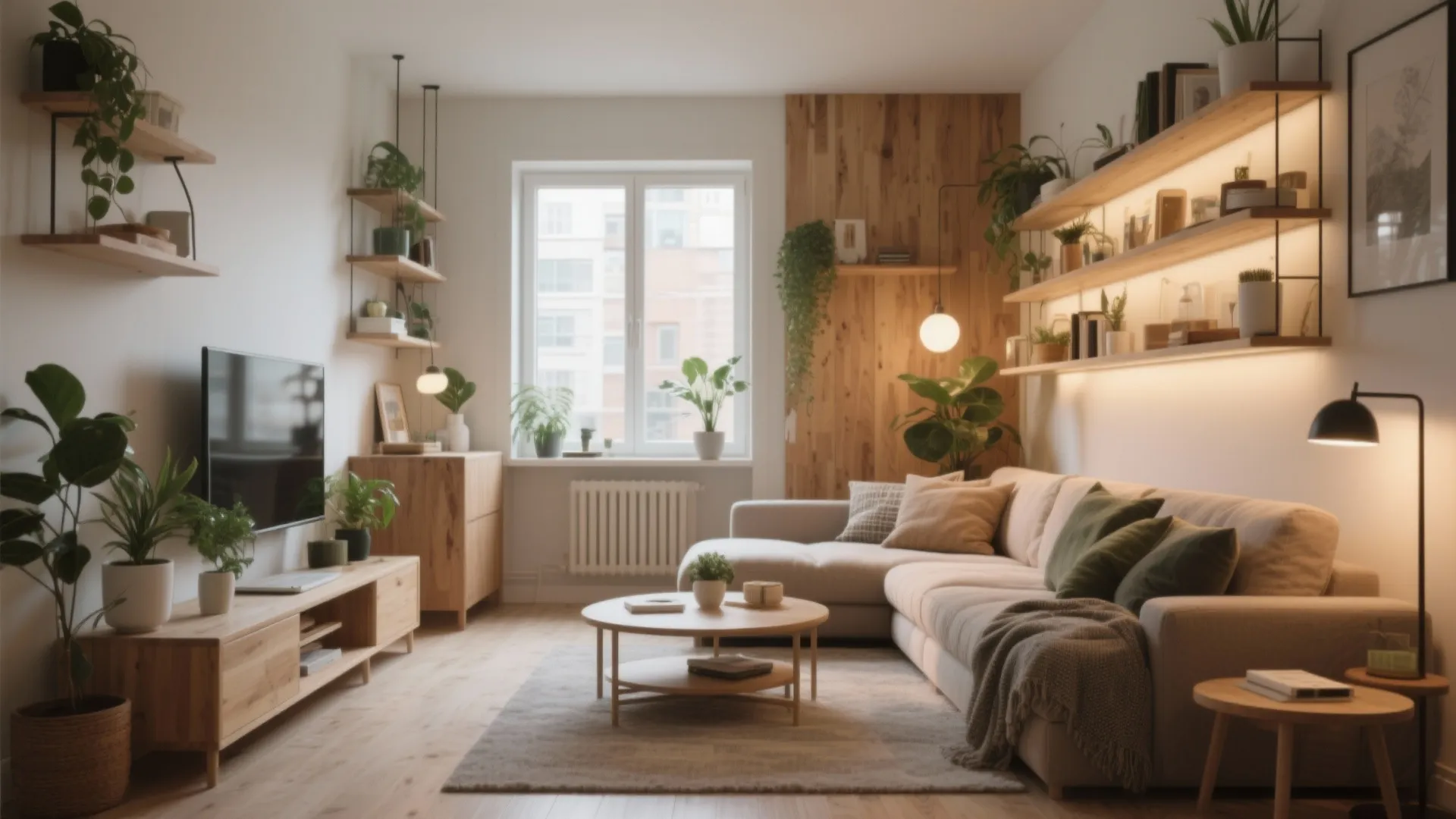 Bright living room with corner sofa wooden coffee table wall shelves and many potted plants