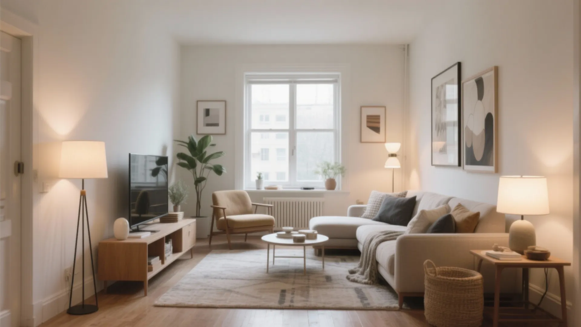 Minimalist small living room with white sofa wood cabinet floor lamp and green plant by window