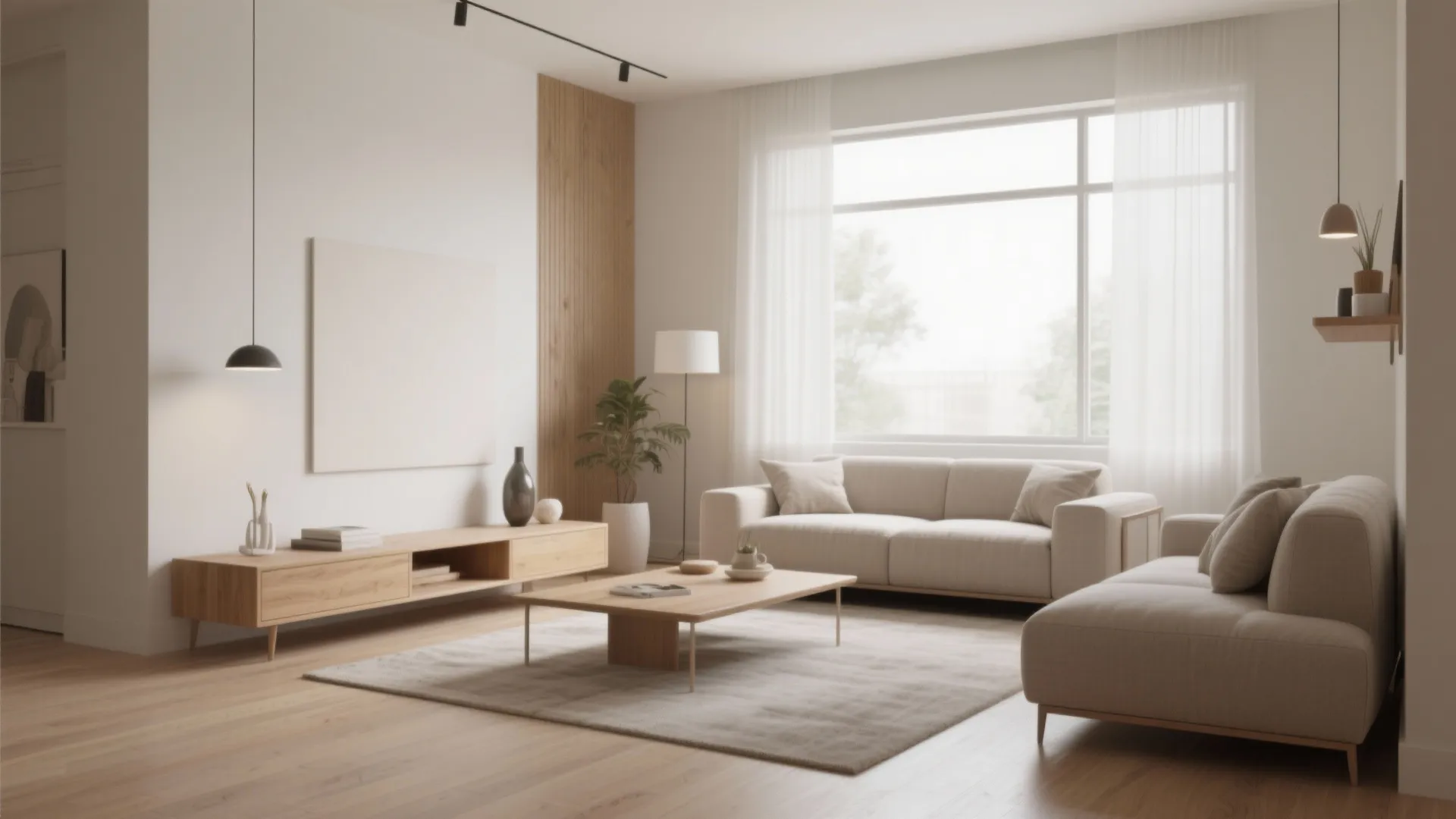 Minimalist living room with beige sofa wooden cabinet coffee table large window and light wood