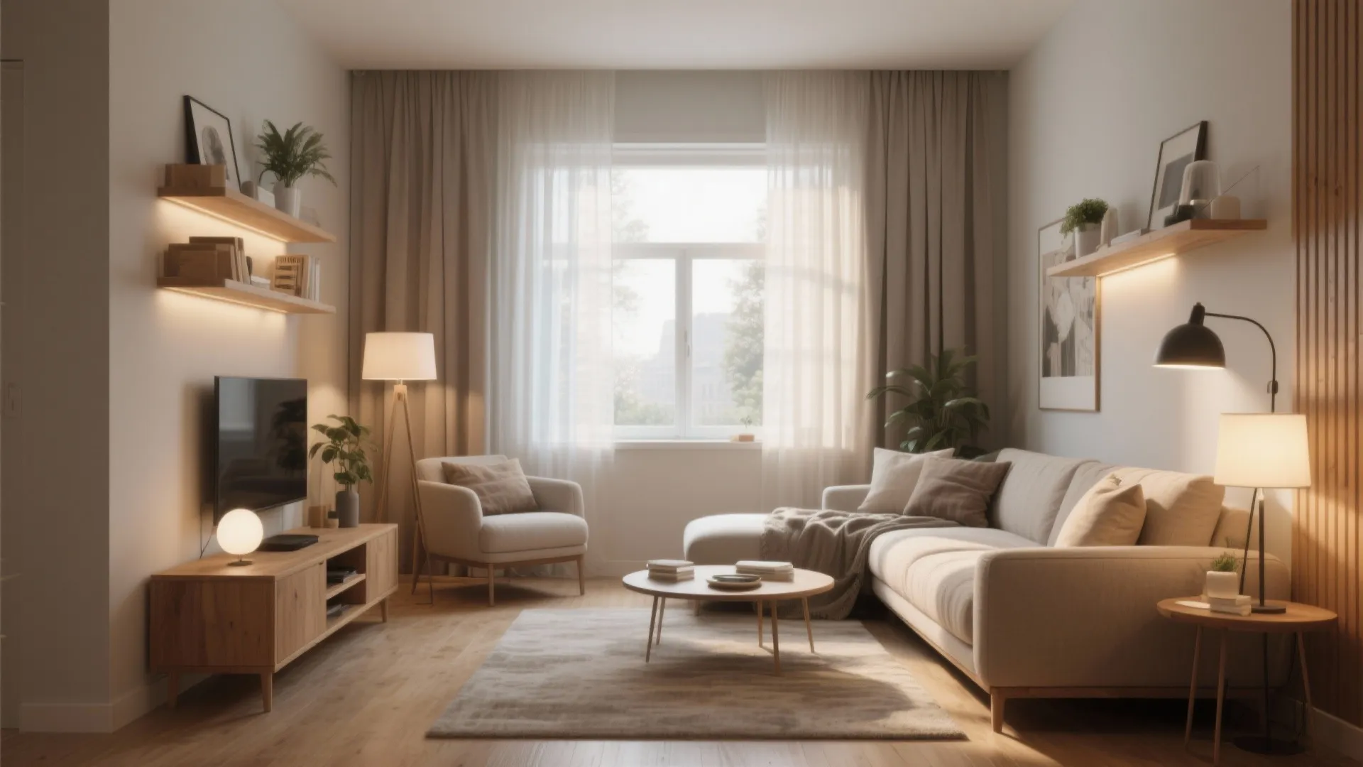 Cozy living room with warm light fixtures cream sofa wooden shelves and light brown window curtains
