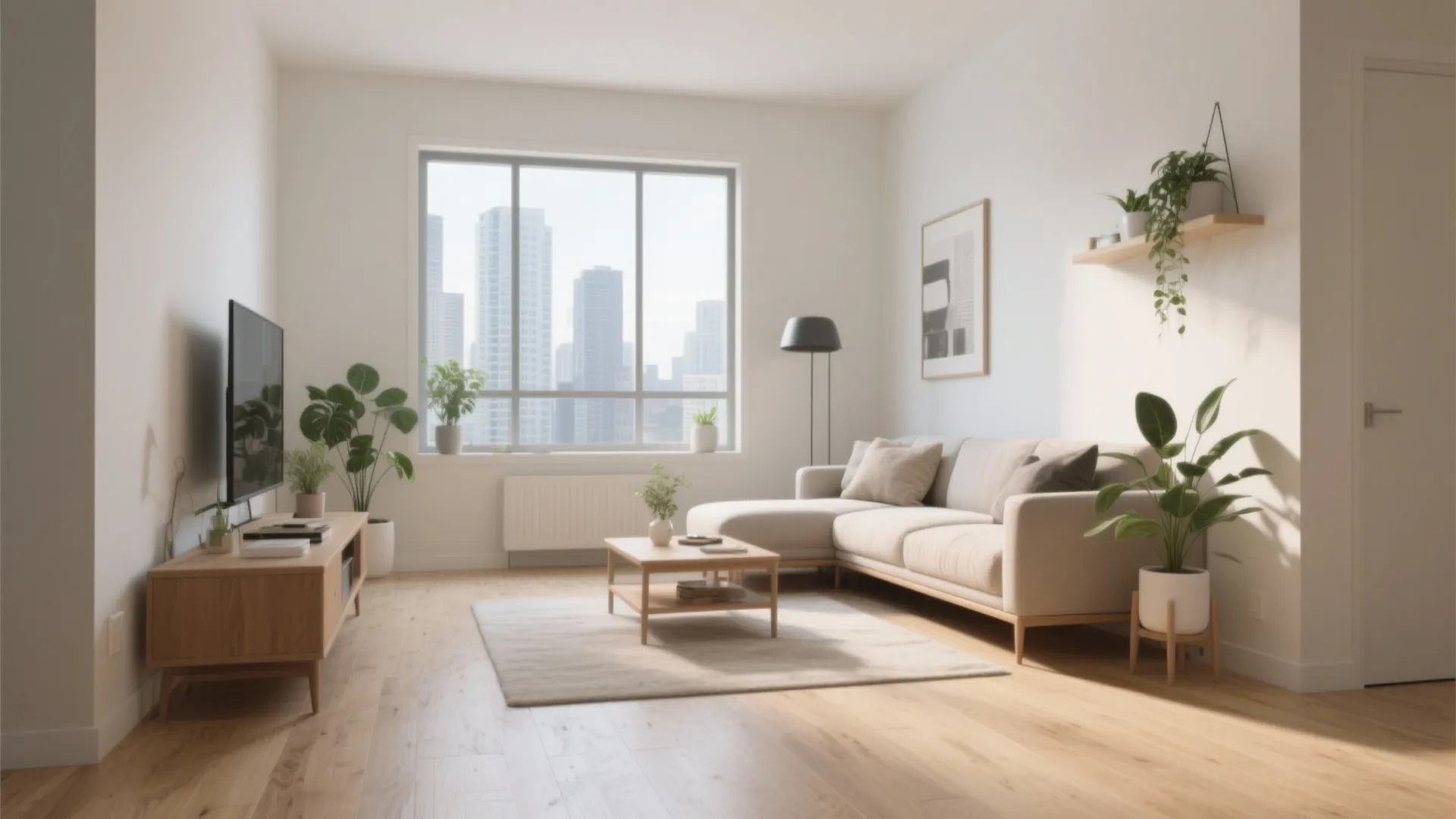 Modern living room with white sofa, wooden cabinet, coffee table, green plants, and city view