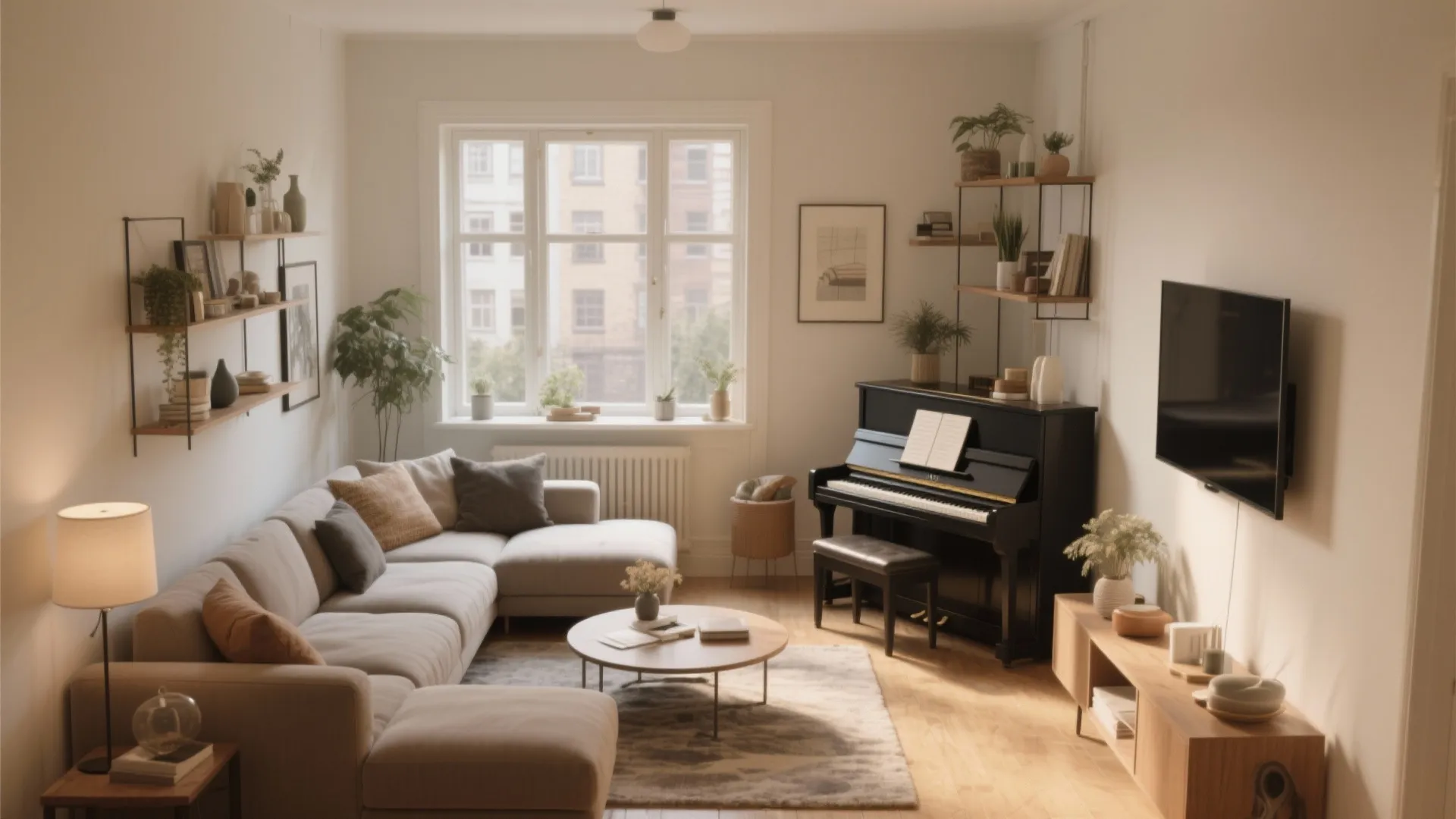 Living room featuring a large sofa black piano wooden cabinet and shelves with green plants