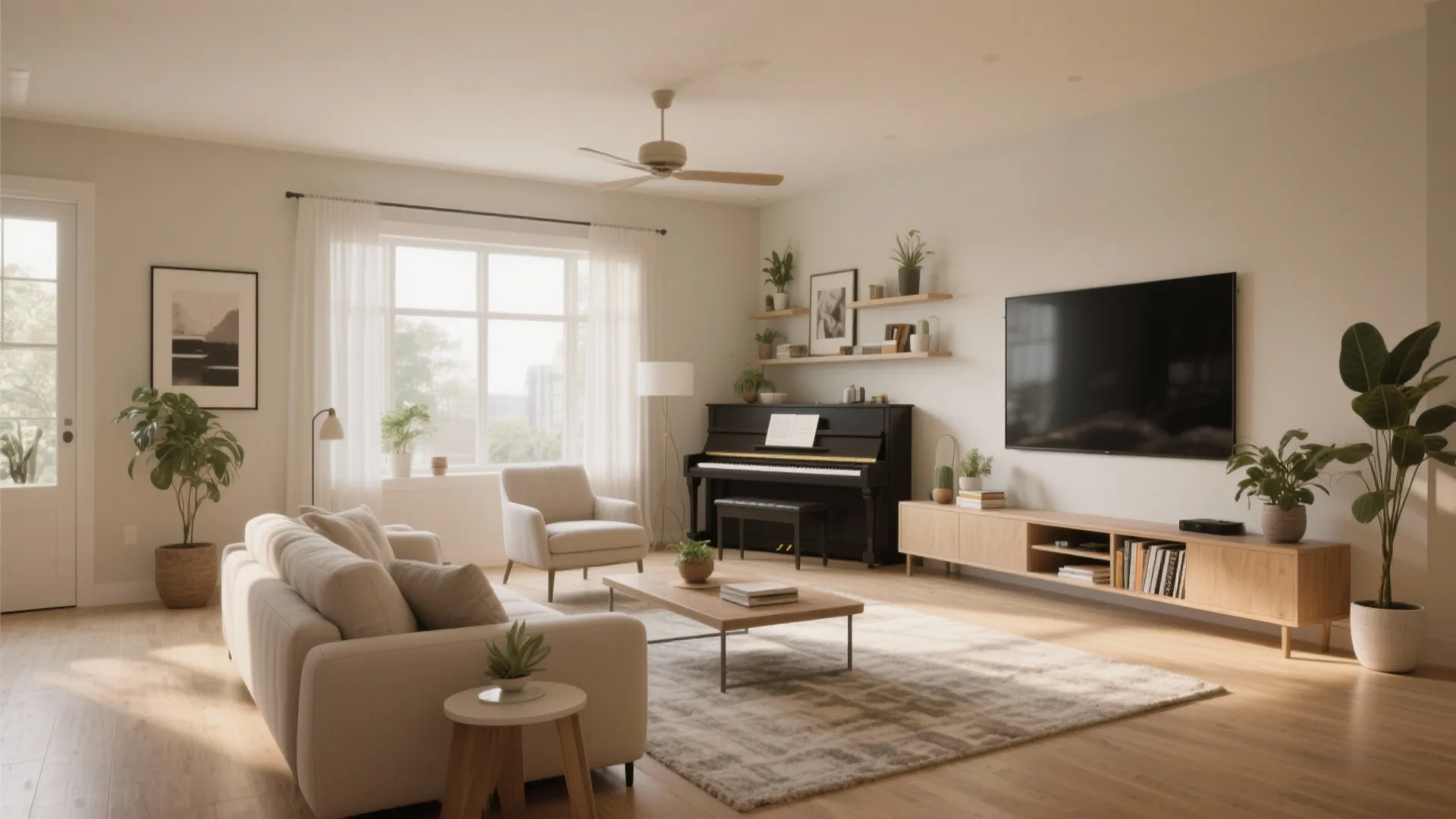 Spacious living room with white sofa piano television wooden cabinet ceiling fan and large green plants
