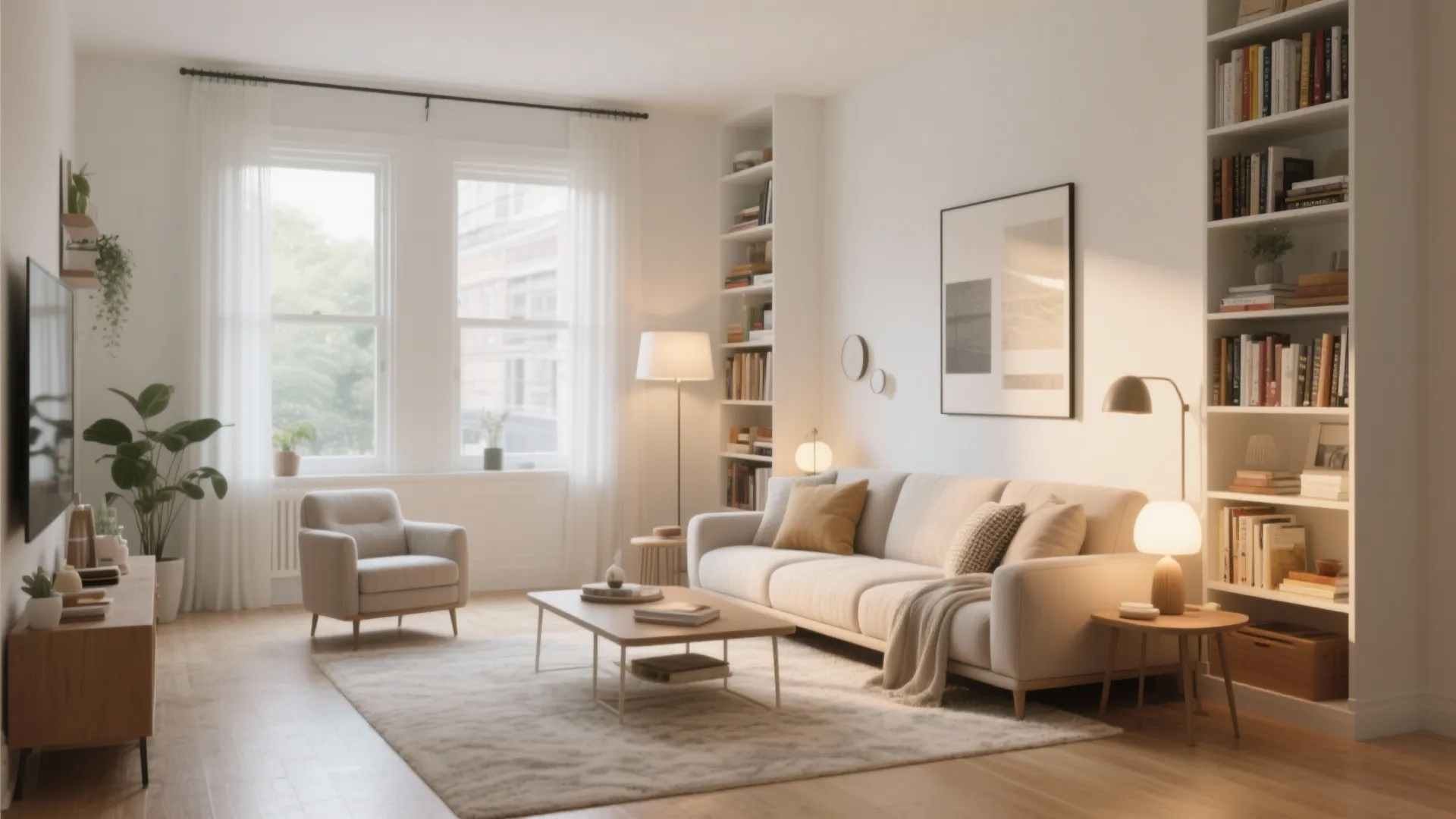 Bright living room with white sofa wooden floor tall bookshelves large windows and soft warm lighting