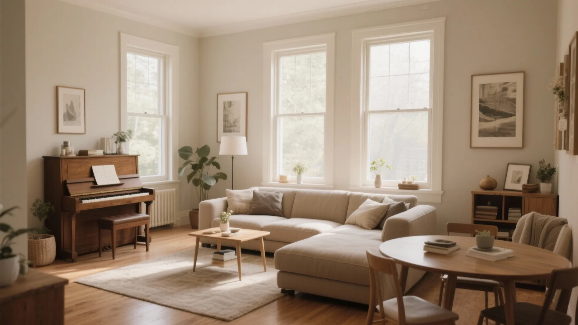 Bright living room featuring beige sofa piano coffee table round wooden dining set and large windows