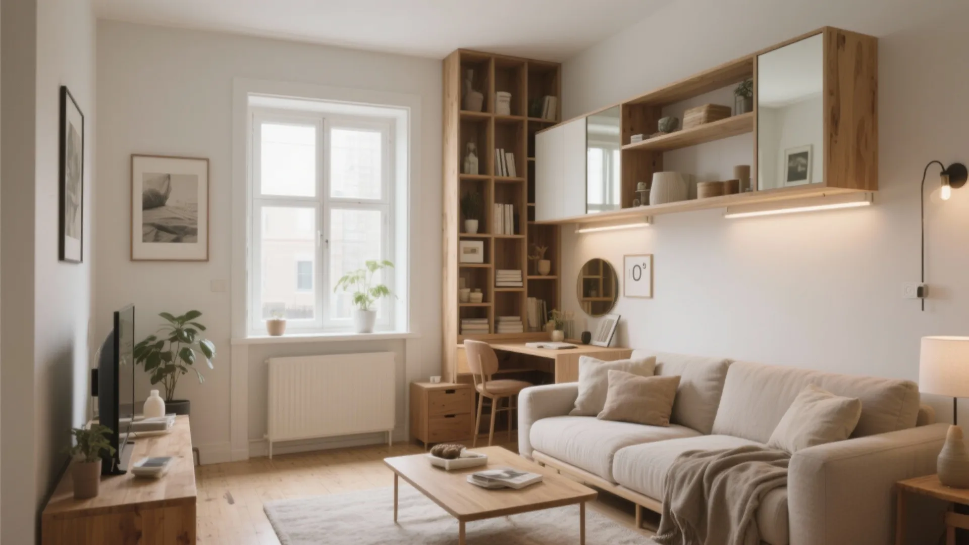 Bright small living room with sofa wooden coffee table desk area wall shelves and large window