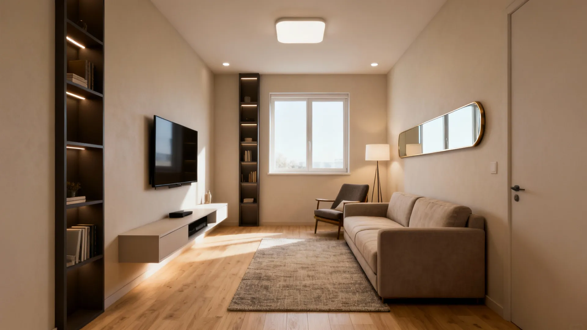Modern small living room with beige sofa grey rug wall mounted television and tall bookshelf
