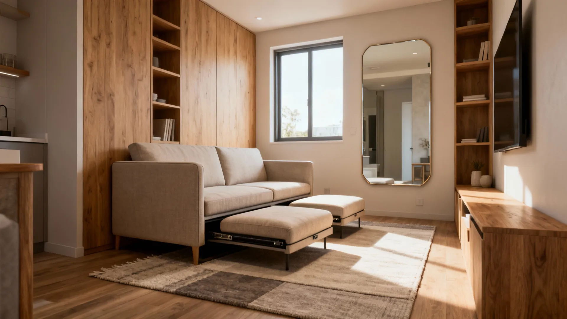 Small living room with tan sofa footrest wooden cabinets a mirror and bright natural light