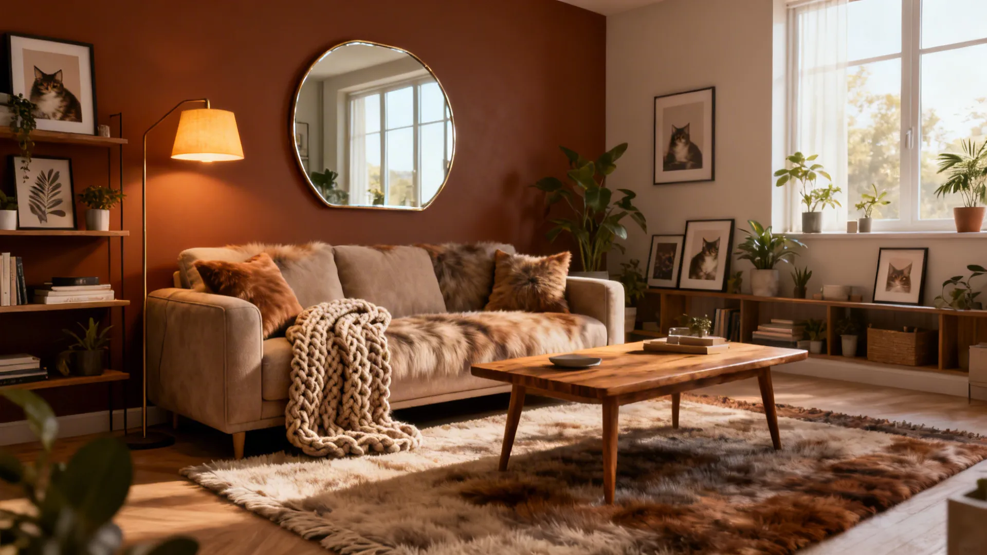 Cozy living room with red wall, round mirror, sofa, chunky knit blanket, and wooden table