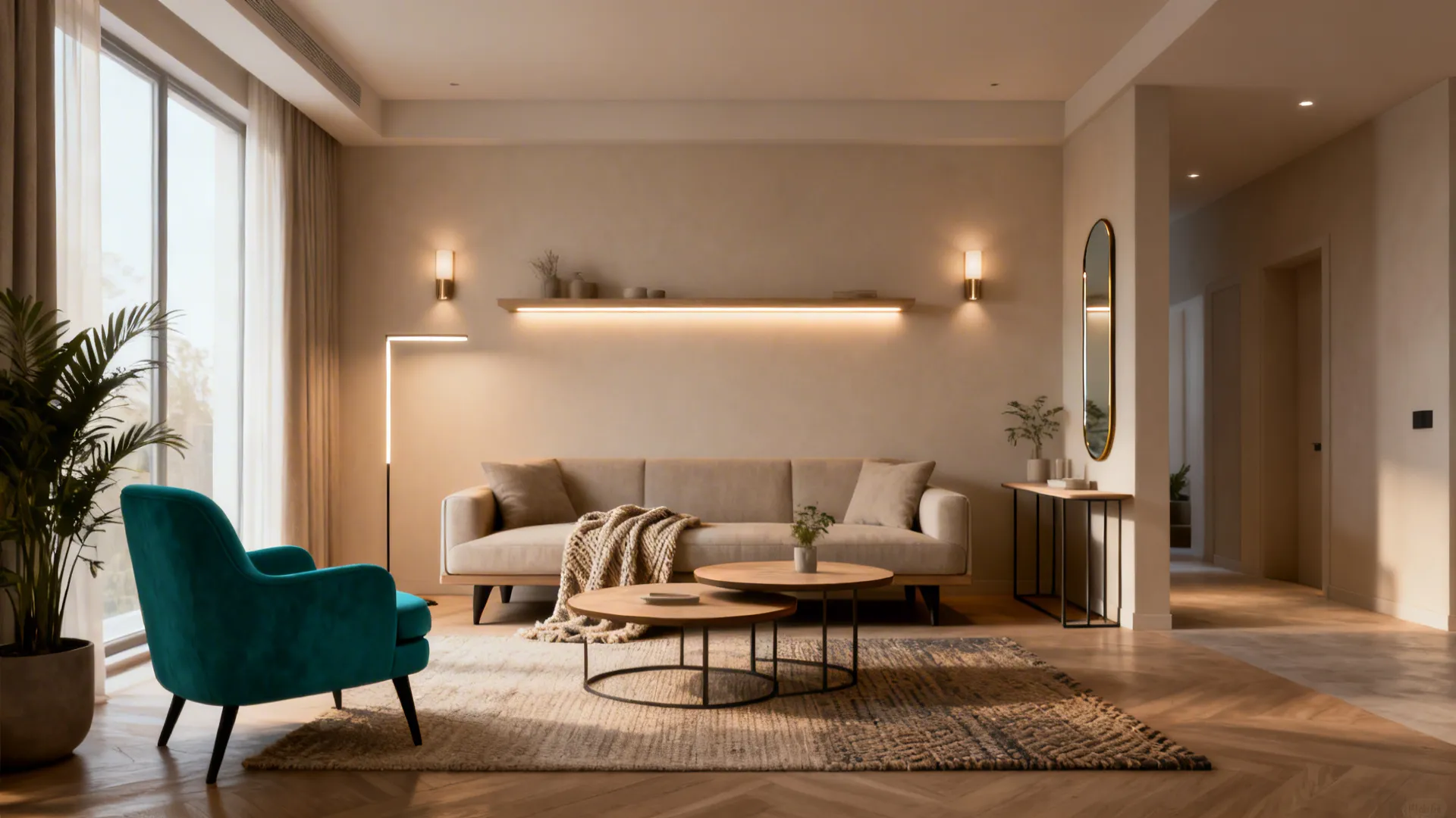 Elegant living room with beige sofa blue armchair round coffee tables and warm wall lights