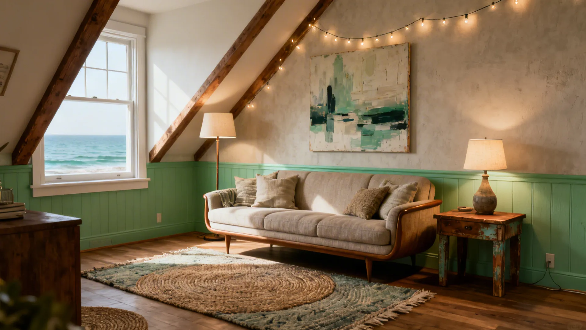 Attic living room with beige sofa green wall panels wooden beams and ocean view window