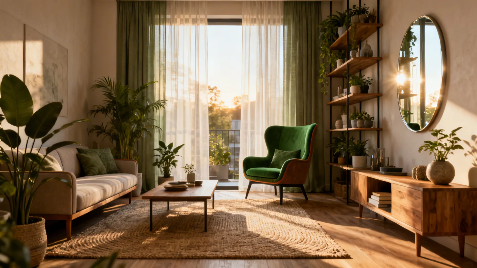 Sunlit living room with green chair wooden table bookshelf mirror plants and soft natural light through windows