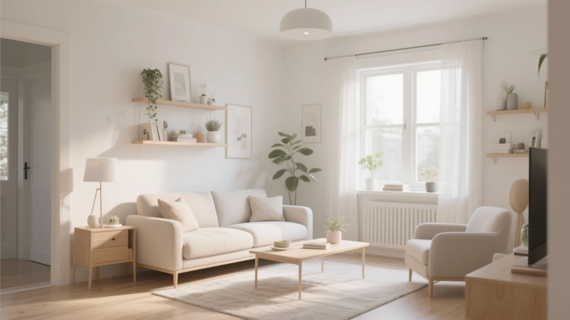 Minimalist small living room design with white sofa wooden coffee table wall shelves and bright window