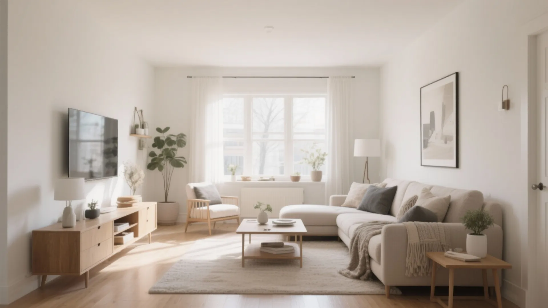 Modern bright living room with cream sofa wooden tv stand white armchair coffee table plants