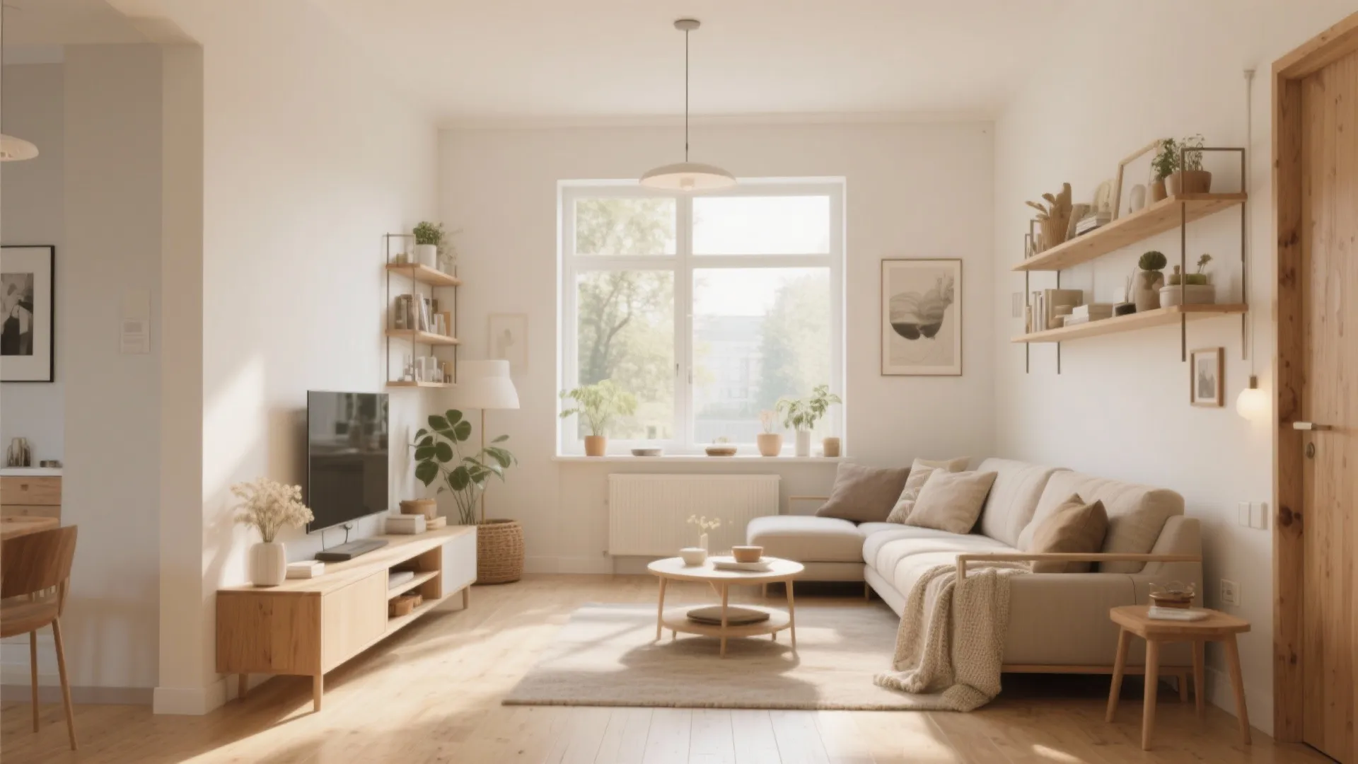 Minimalist living room design with white sofa wooden floor wall shelves and bright window view