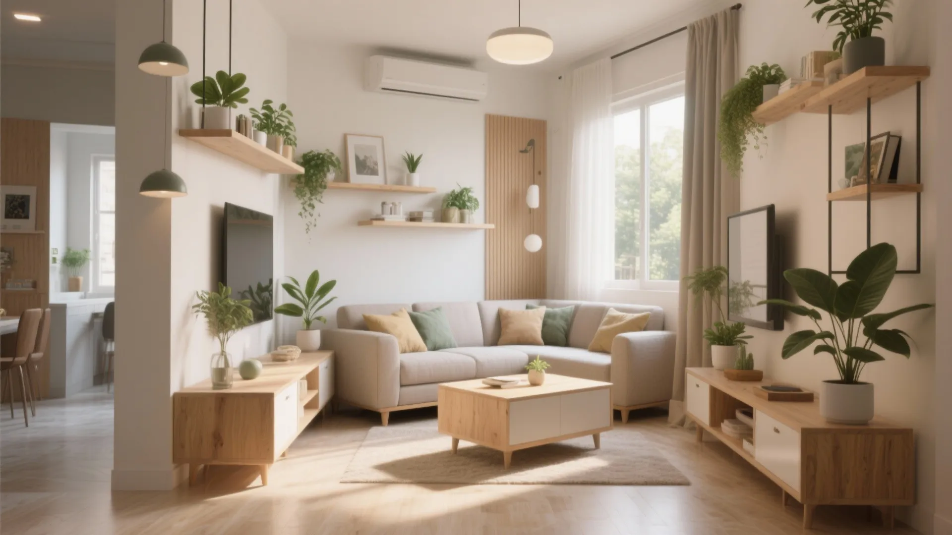 Bright living room featuring sectional sofa wooden shelves with plants and modern white light fixtures