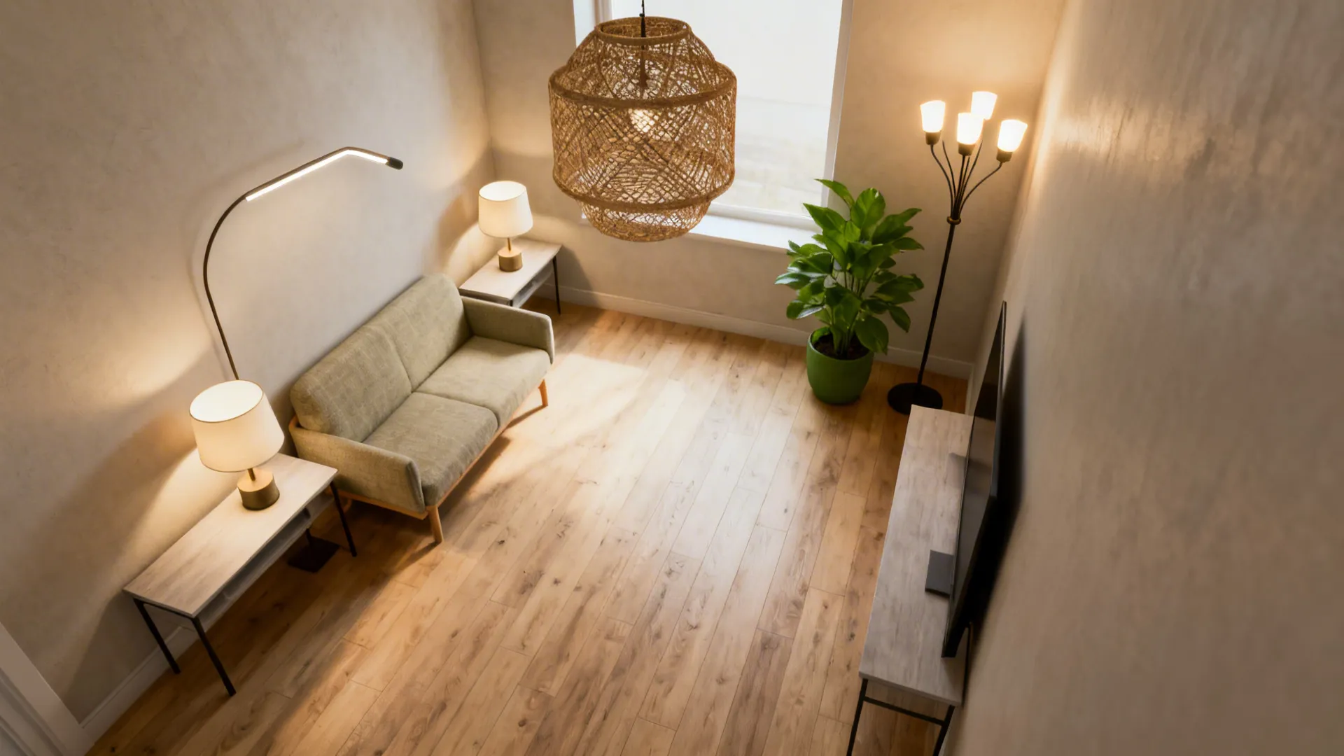 Top view of living room with green sofa wood floor large woven ceiling light plant