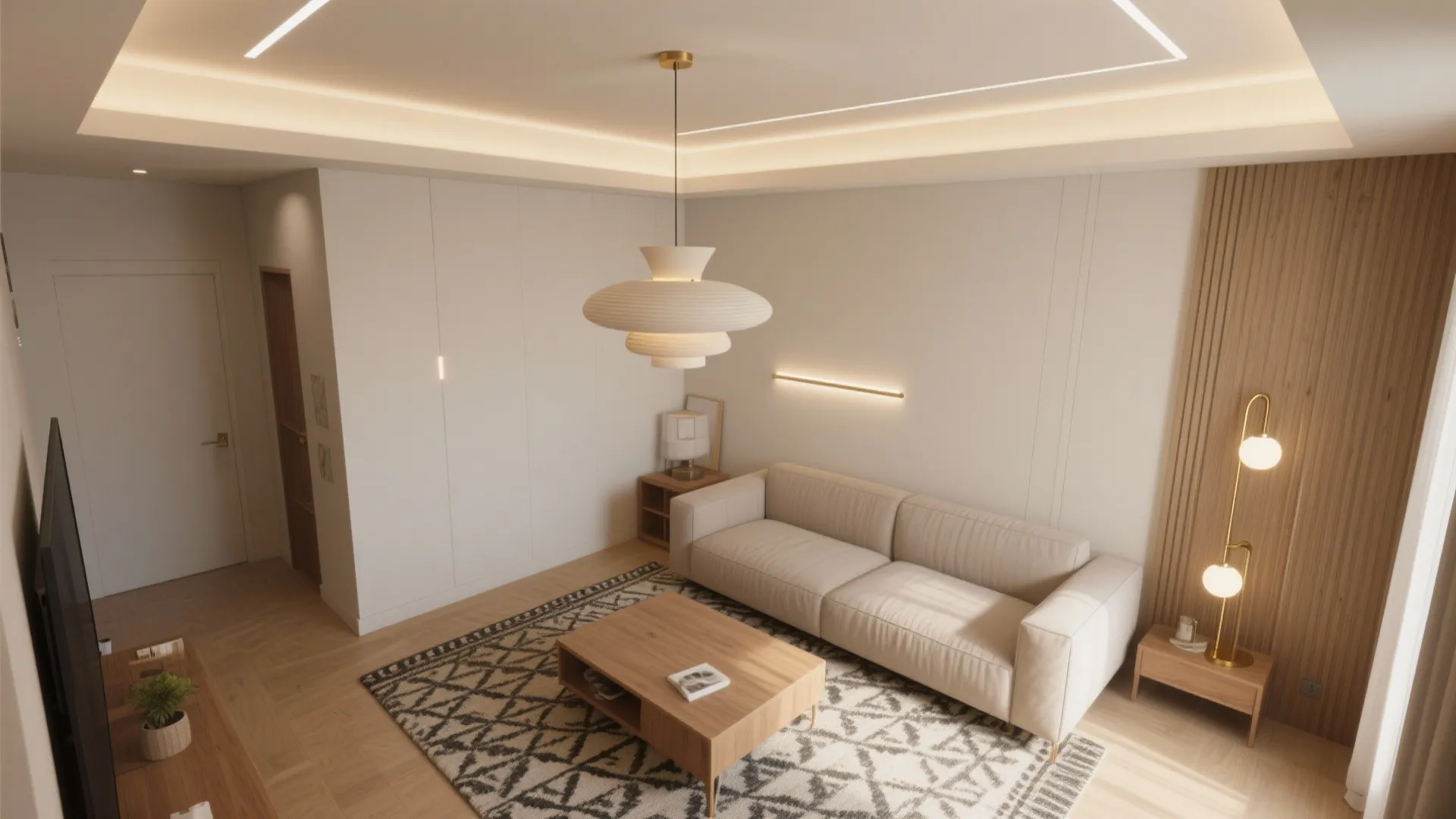 Modern cream living room with white ceiling light beige sofa wooden coffee table and patterned rug