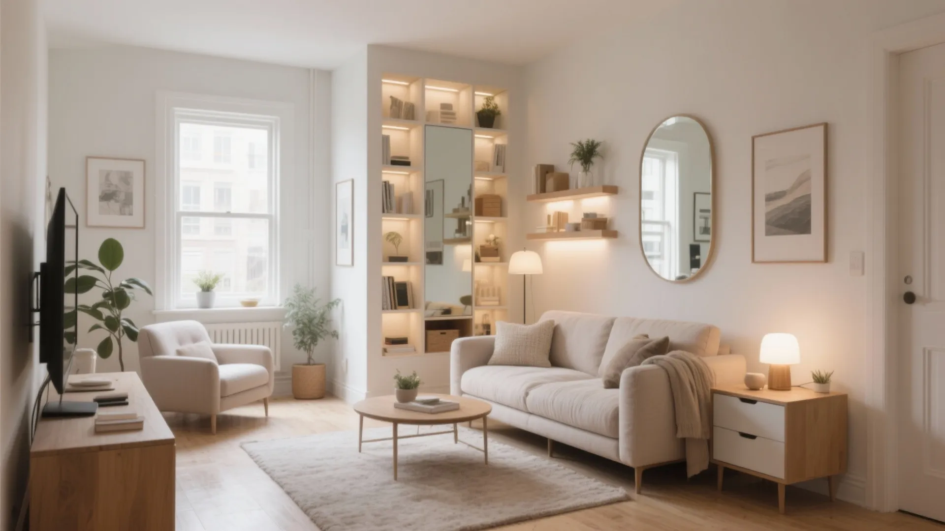 Cozy white living room with a beige sofa coffee table and warm integrated shelf lighting