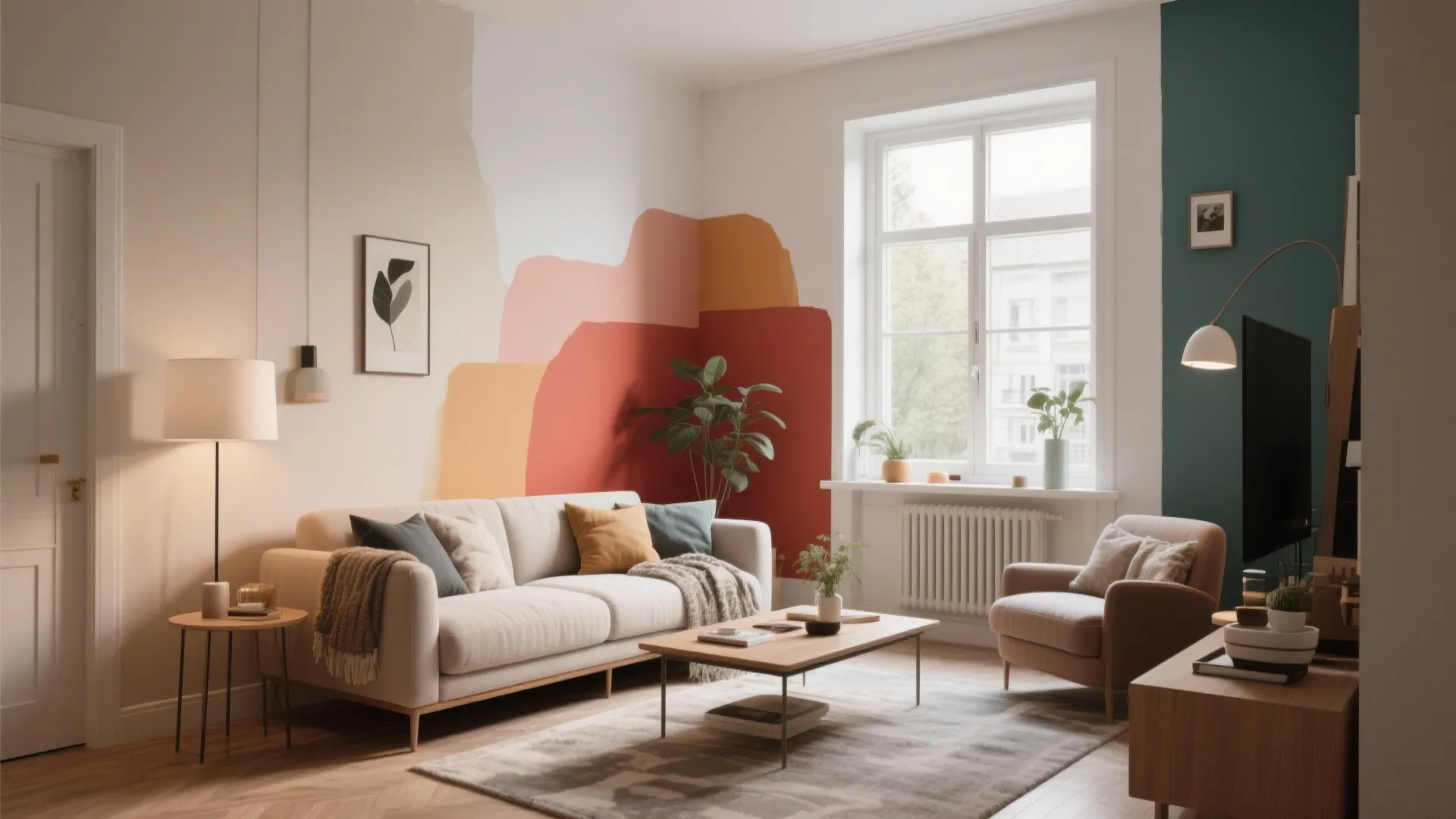 Small living room with colorful abstract wall paint white sofa wooden coffee table and lamp