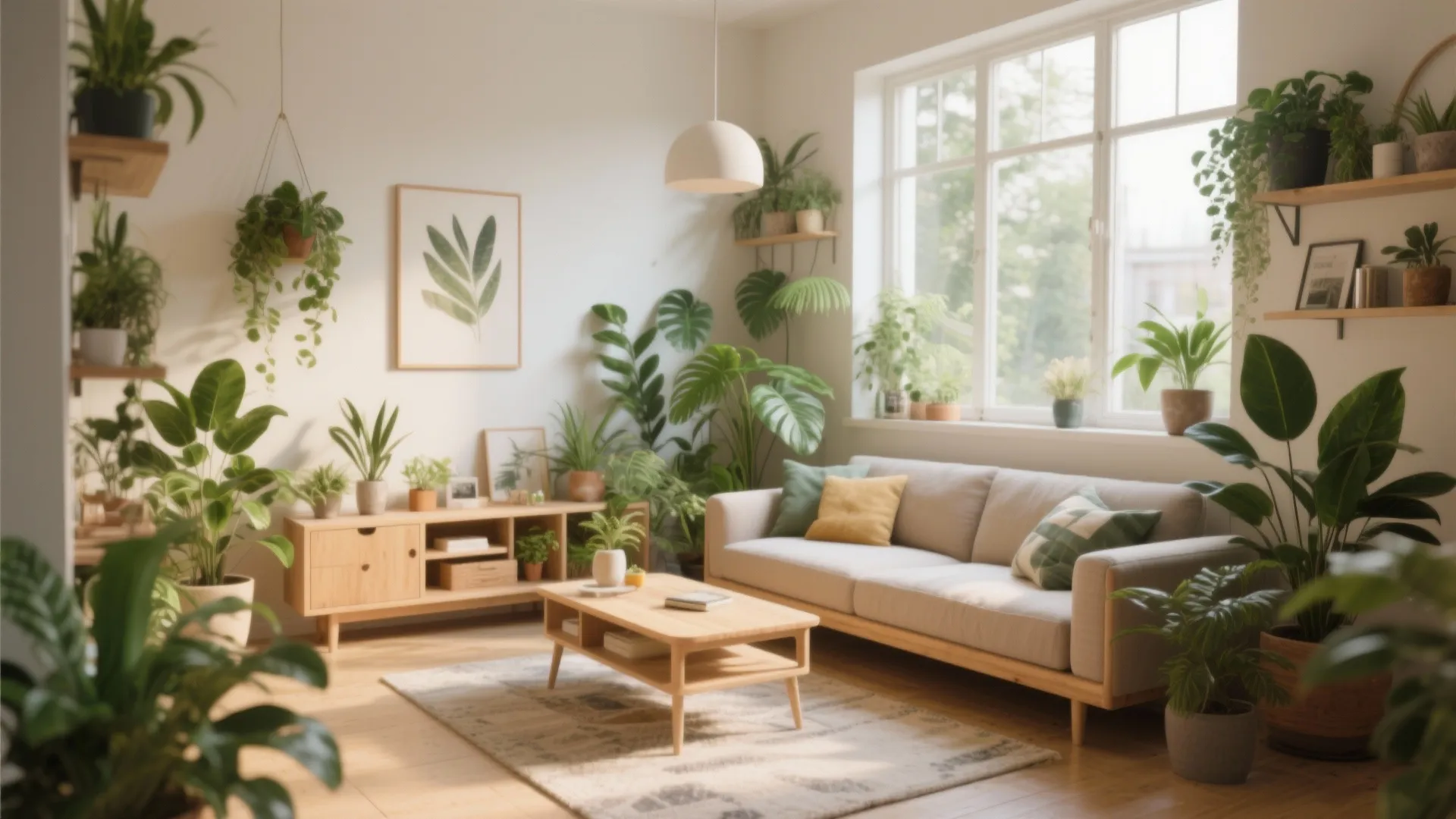 Bright living room decorated with many potted green plants wooden coffee table and grey sofa
