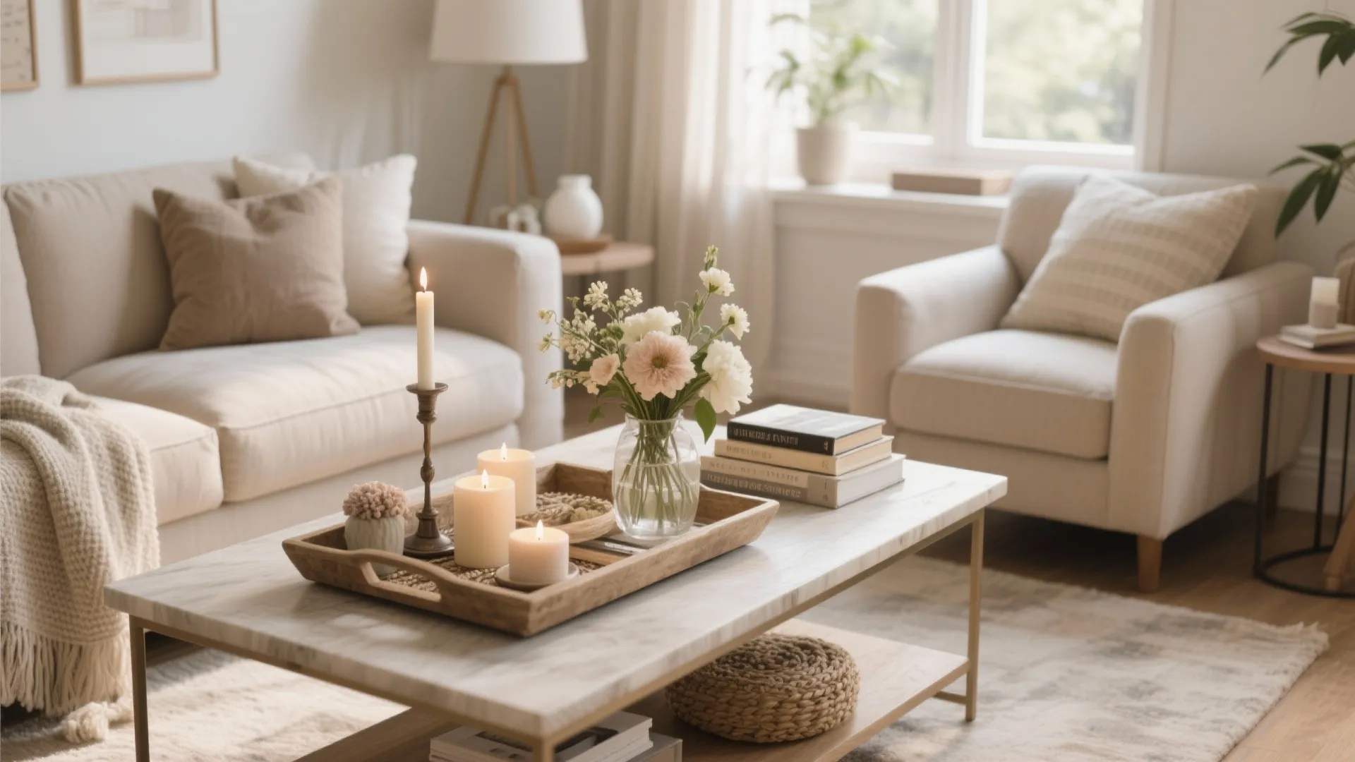 Bright living room with white sofa, armchair, marble coffee table, flowers, books, and lit candles