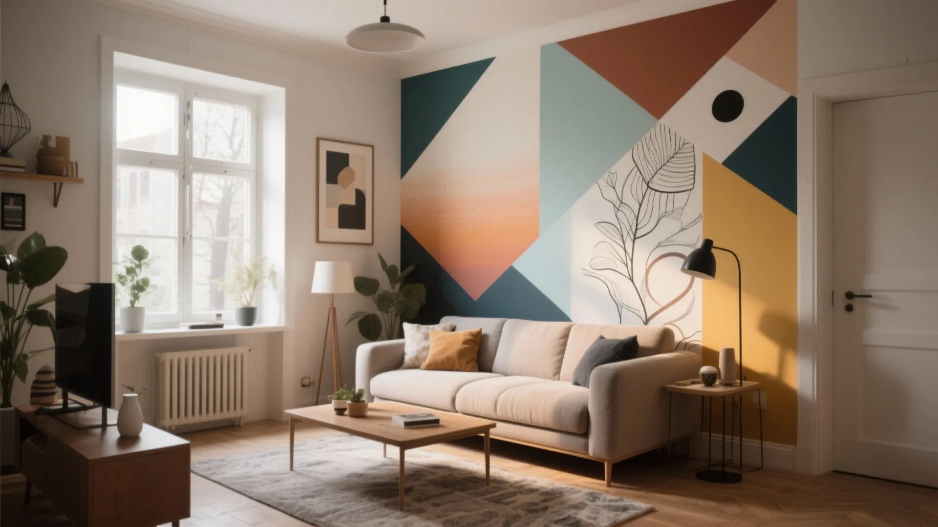 Modern living room featuring colorful geometric wall paint behind a beige sofa and wooden table