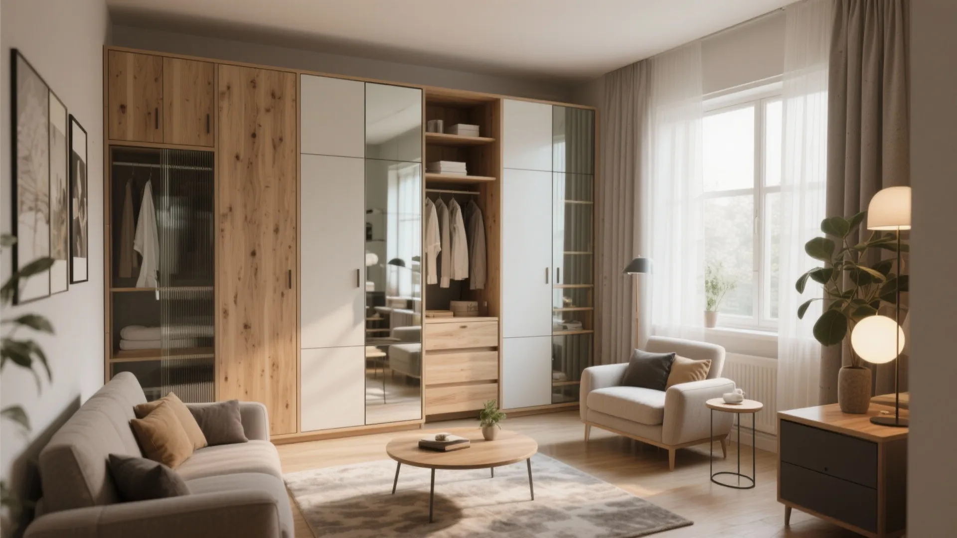 Modern living room featuring wooden cabinet with mirrors grey sofa and round wooden coffee table