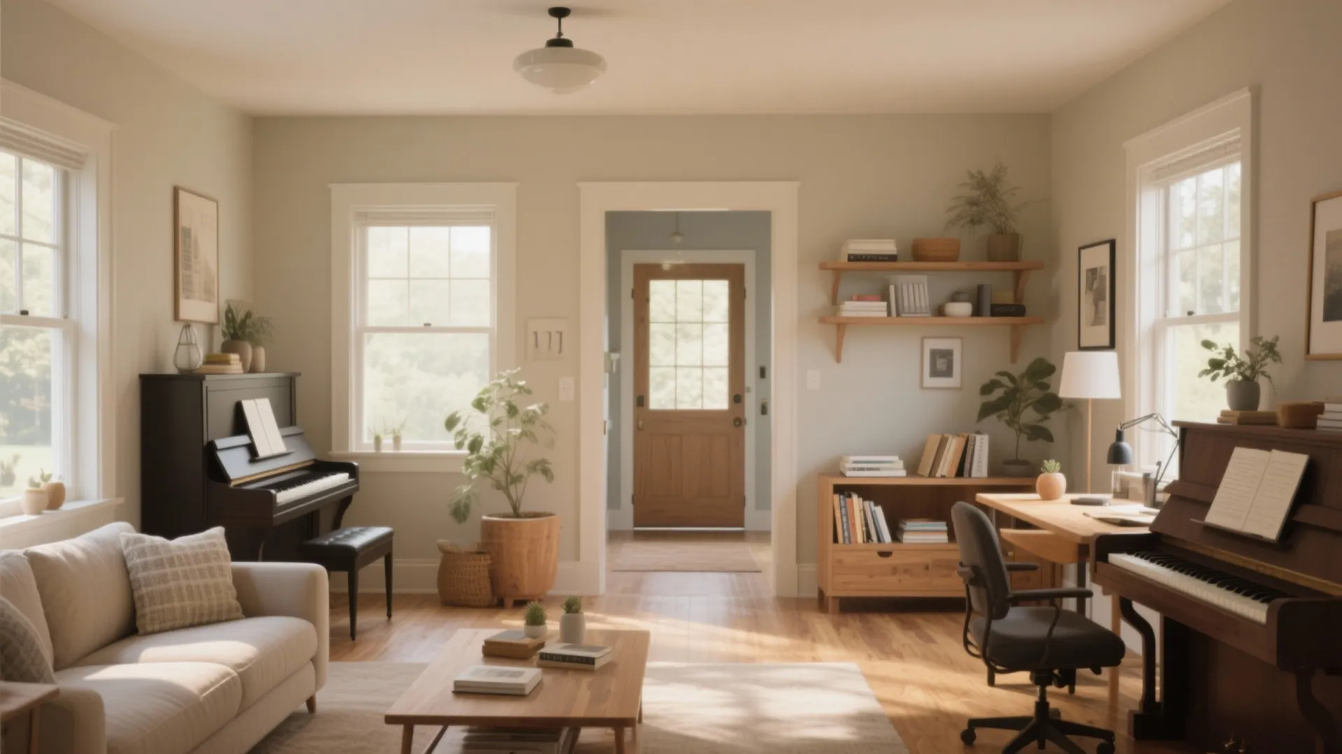 Spacious living room featuring black piano wooden desk white sofa coffee table and natural sunlight