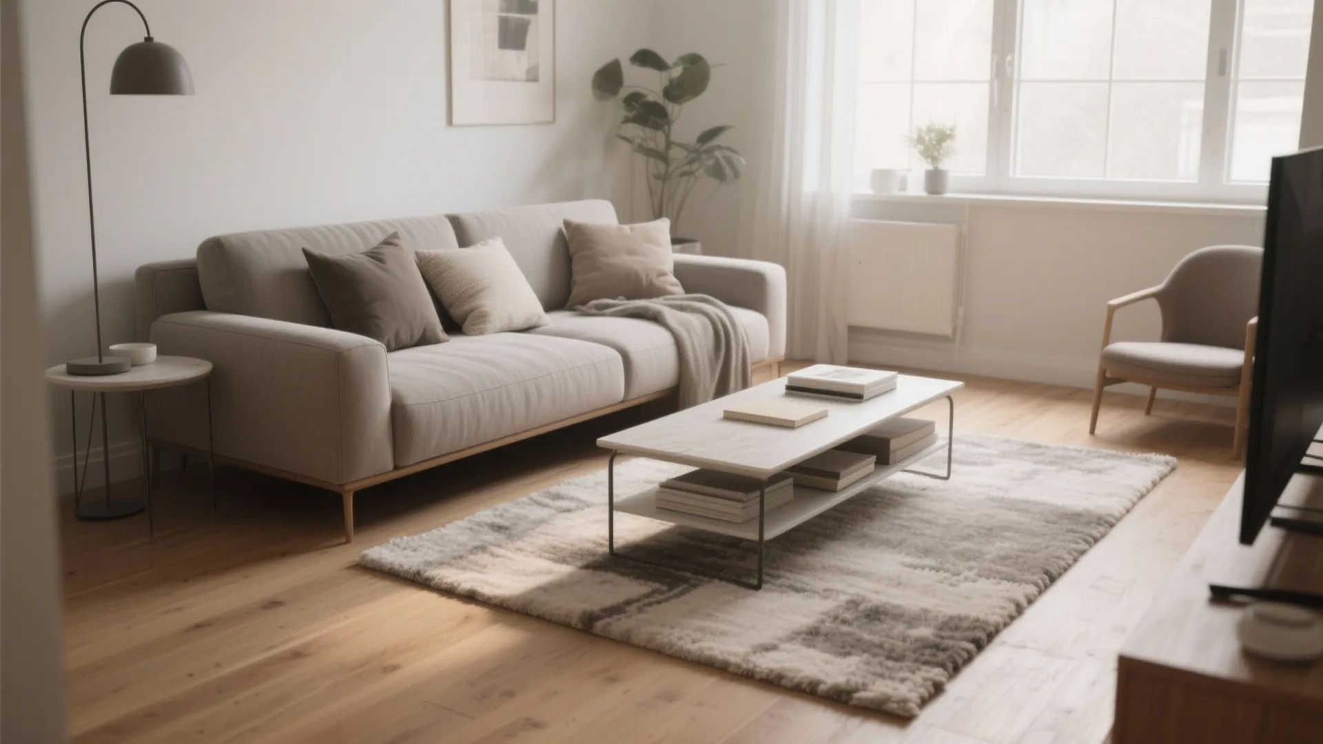 Modern living room featuring a grey sofa textured rug wooden floor white coffee table and light