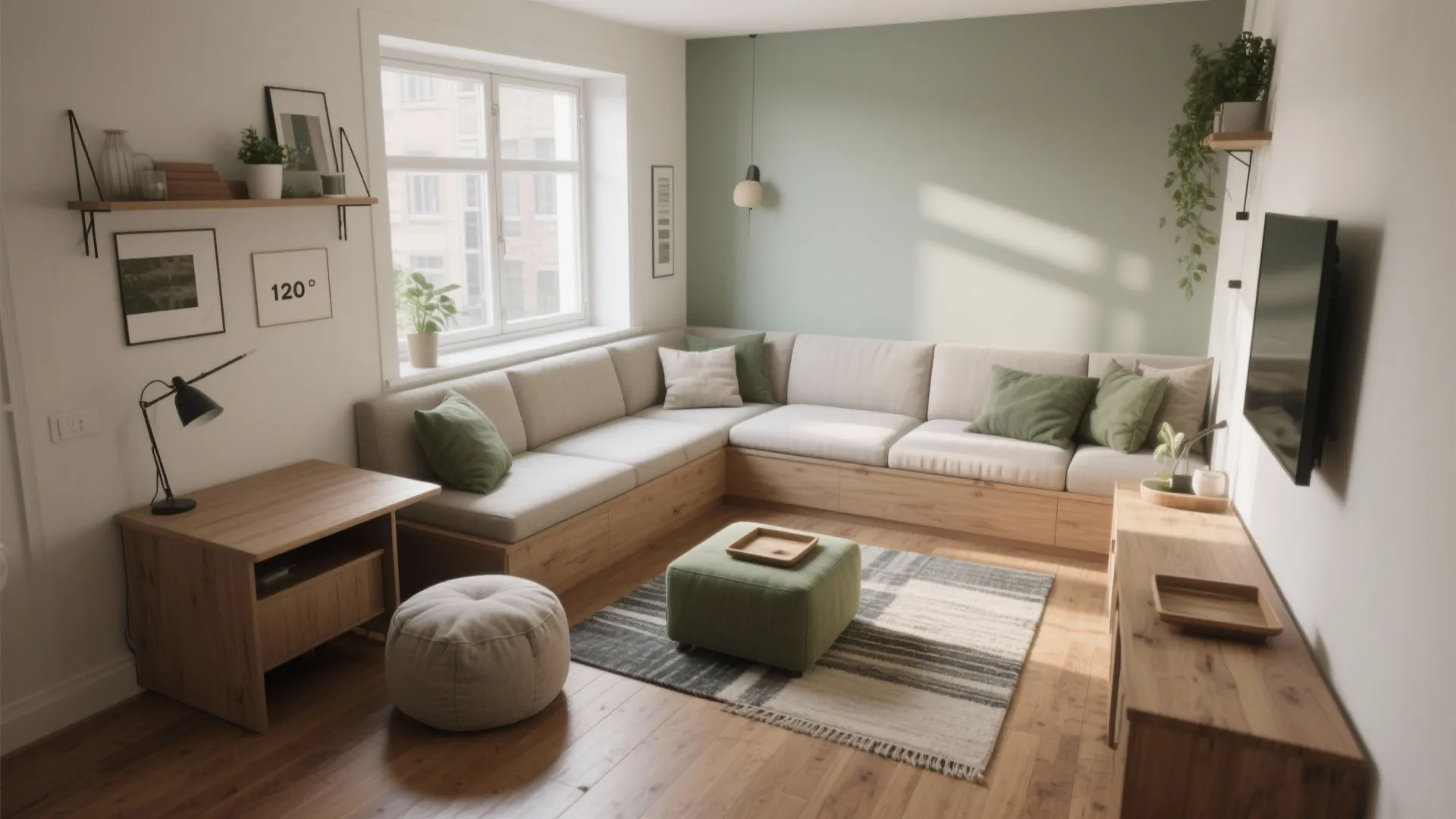 L shaped corner sofa with wooden base in a small living room with green walls