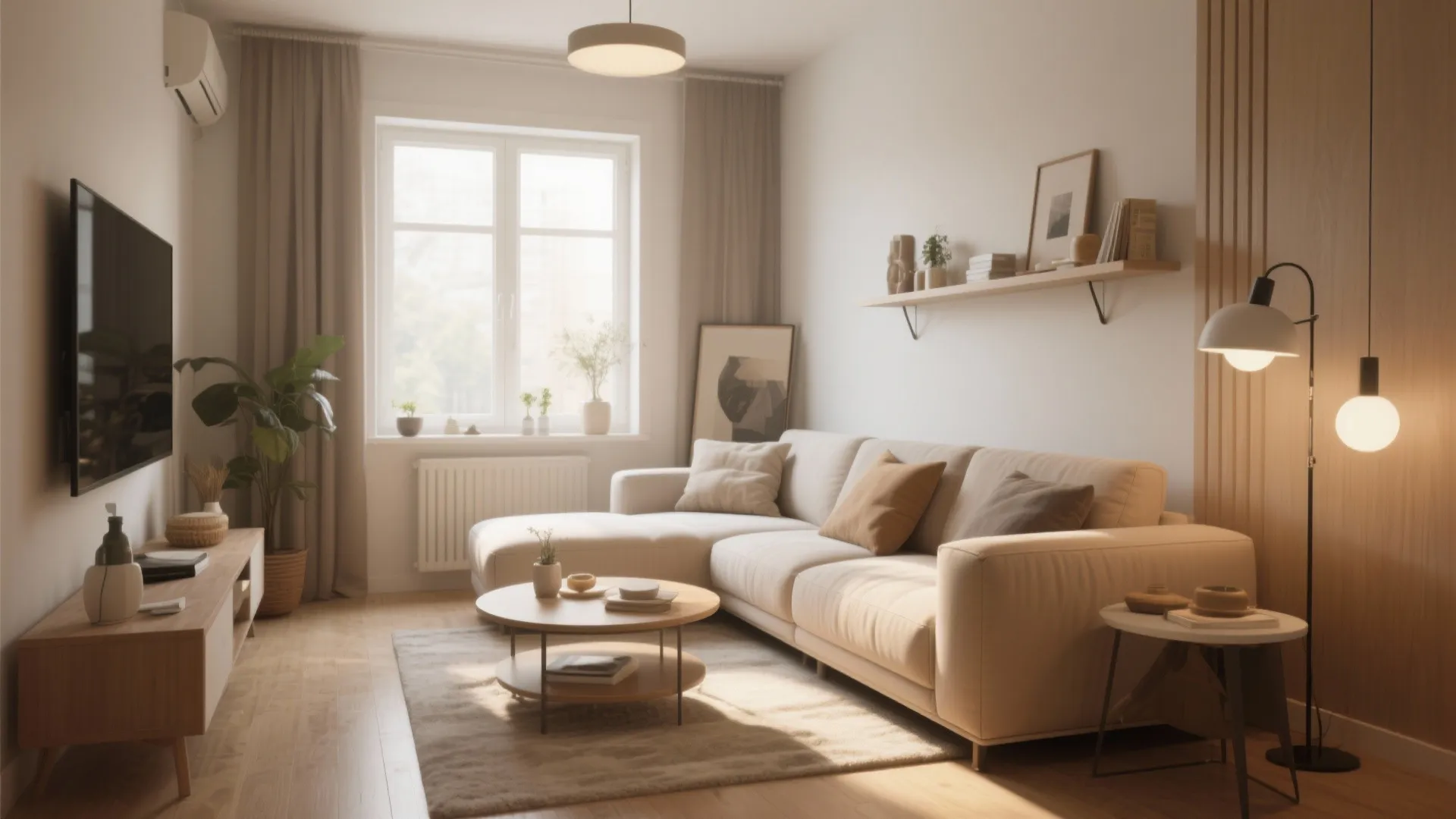 Living room interior with television on wood cabinet white sofa coffee table rug and shelves