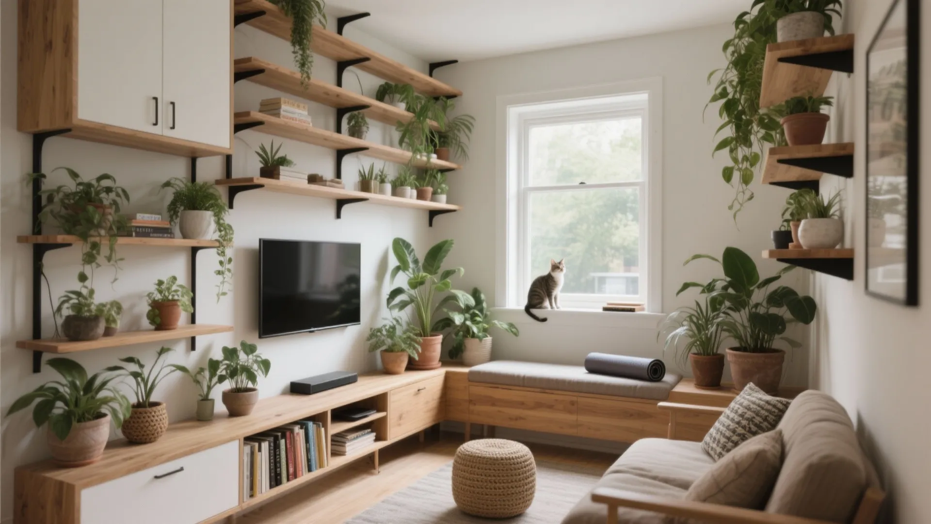 Bright living room with many green plants on wooden shelves and cat sitting near window