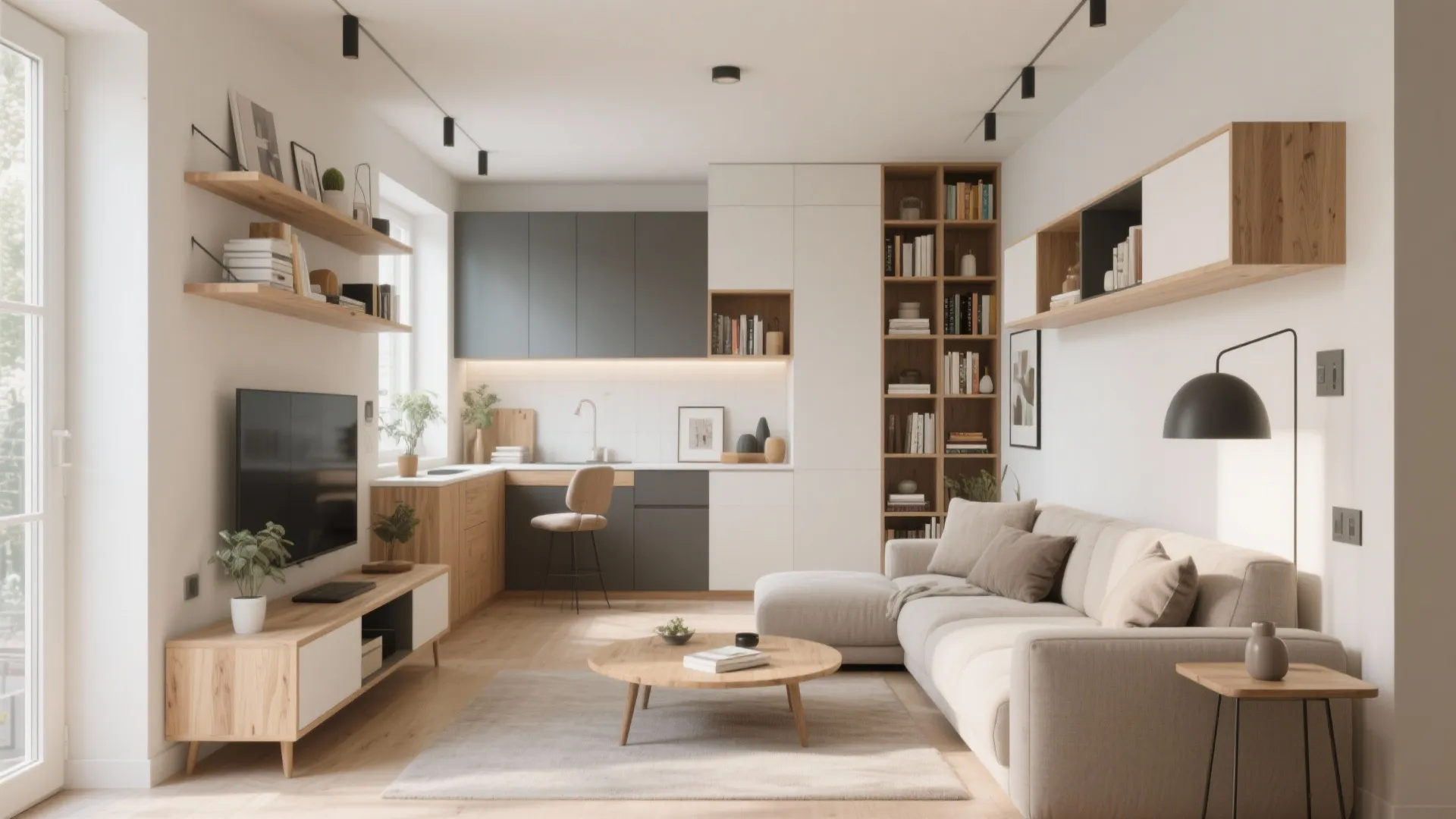 Modern open plan living room with cream sofa wooden coffee table and white kitchen cabinets