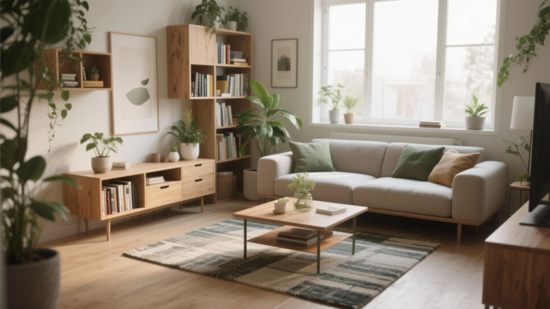 Bright living room with grey sofa wooden coffee table bookshelves and many green plants near window