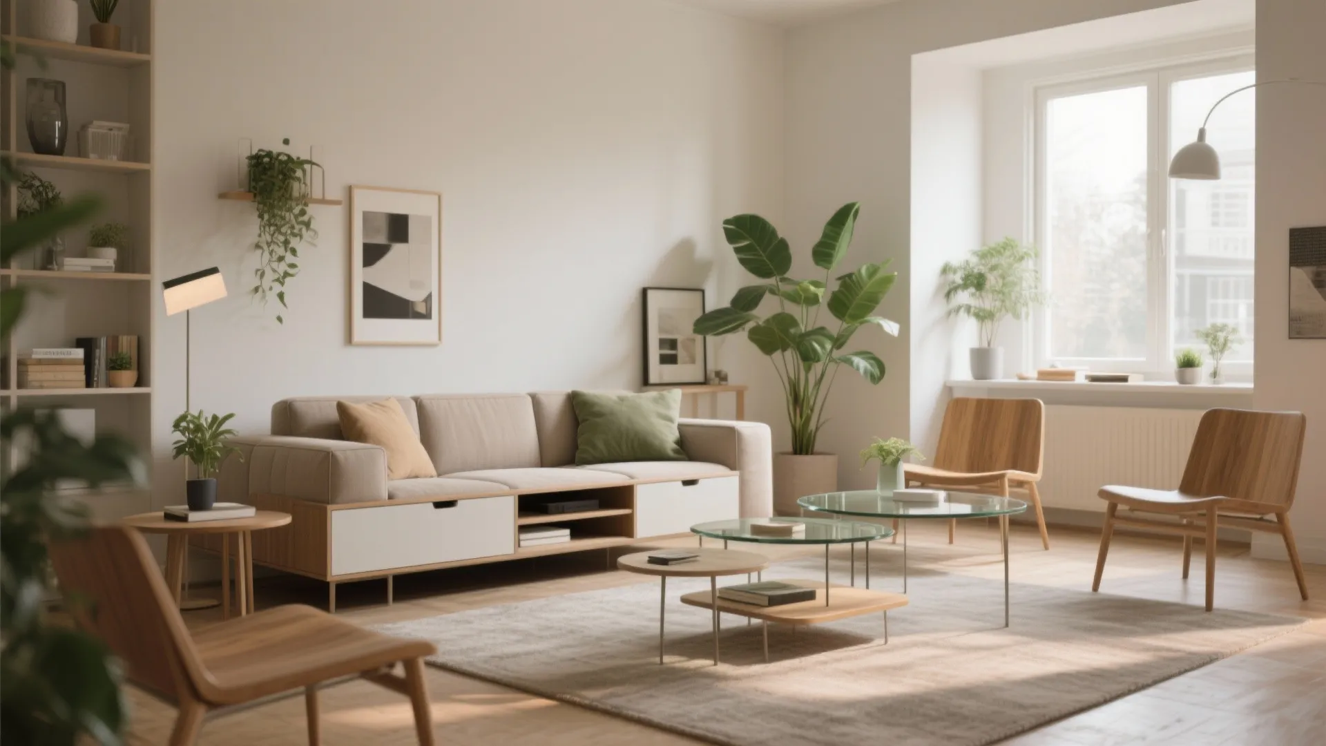 Modern bright living room with tan sofa glass coffee tables wooden chairs and large green plants