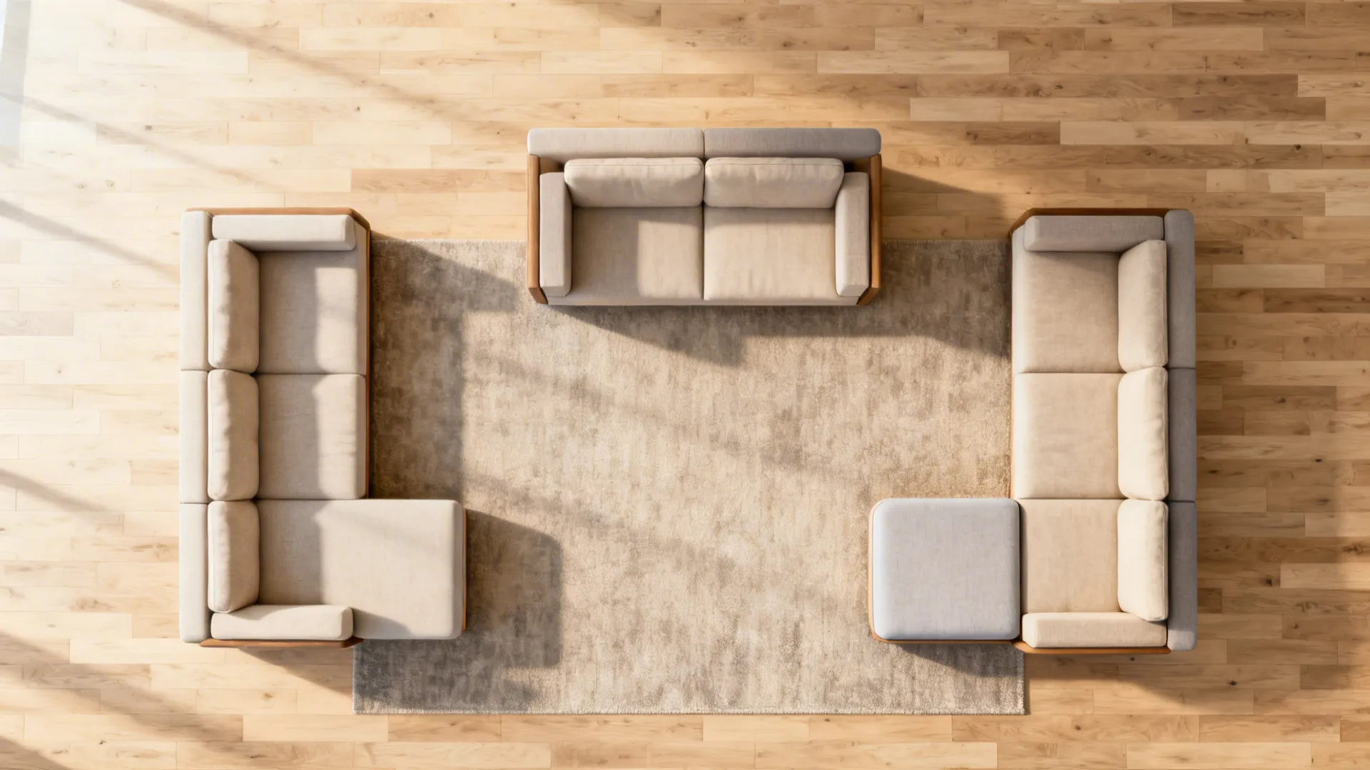 Top-down plan of a small living room showing multiple L-shaped sofa layout options with clear walkways.