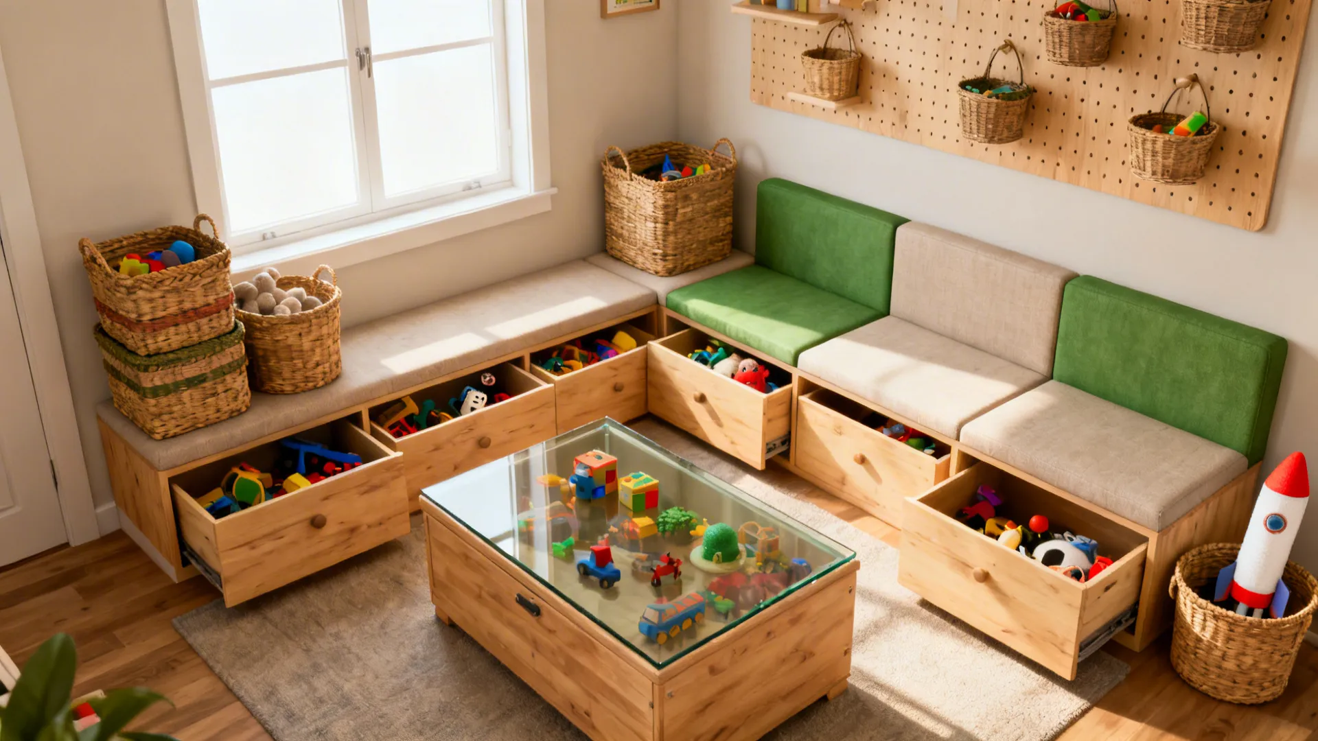 Bright playroom corner featuring a wooden bench with storage drawers filled with colorful children's toys
