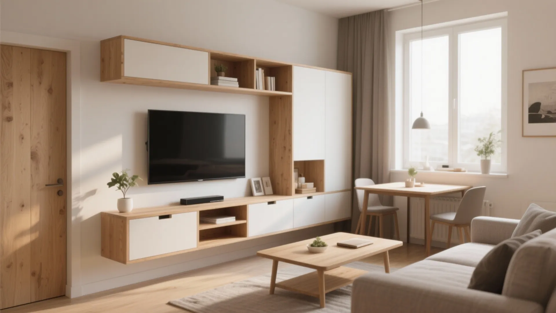 Modern living room with wooden wall cabinet and television plus small dining table with two chairs