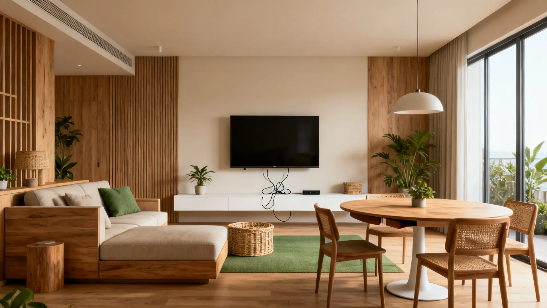 Small living room with a grey sofa wooden dining table green rug and a television