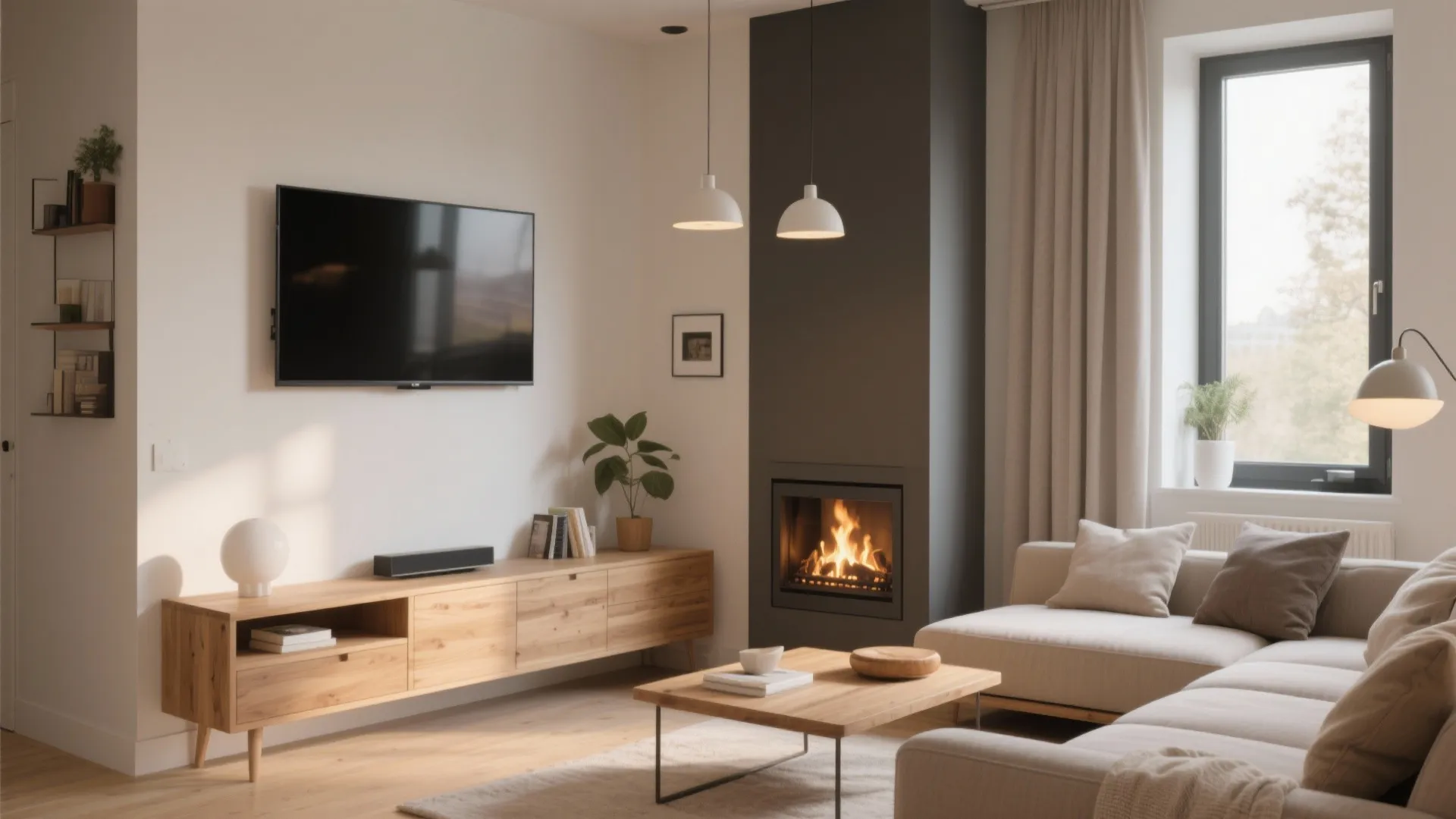 Minimalist living room featuring grey fireplace wall mounted television wooden cabinet and comfortable beige sofa