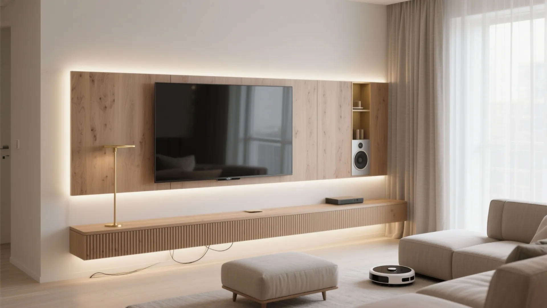 Minimalist living room with large wall mounted television wooden wall panel and floating storage cabinet