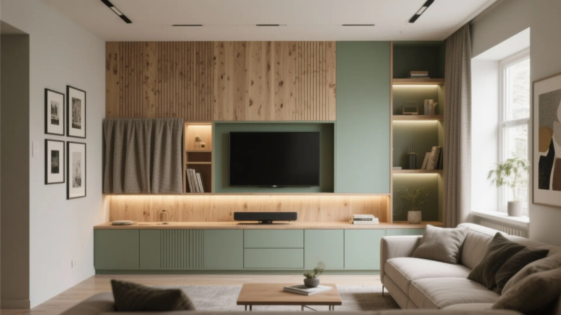 Modern living room featuring green cabinets wood wall panels large television and beige fabric sofa